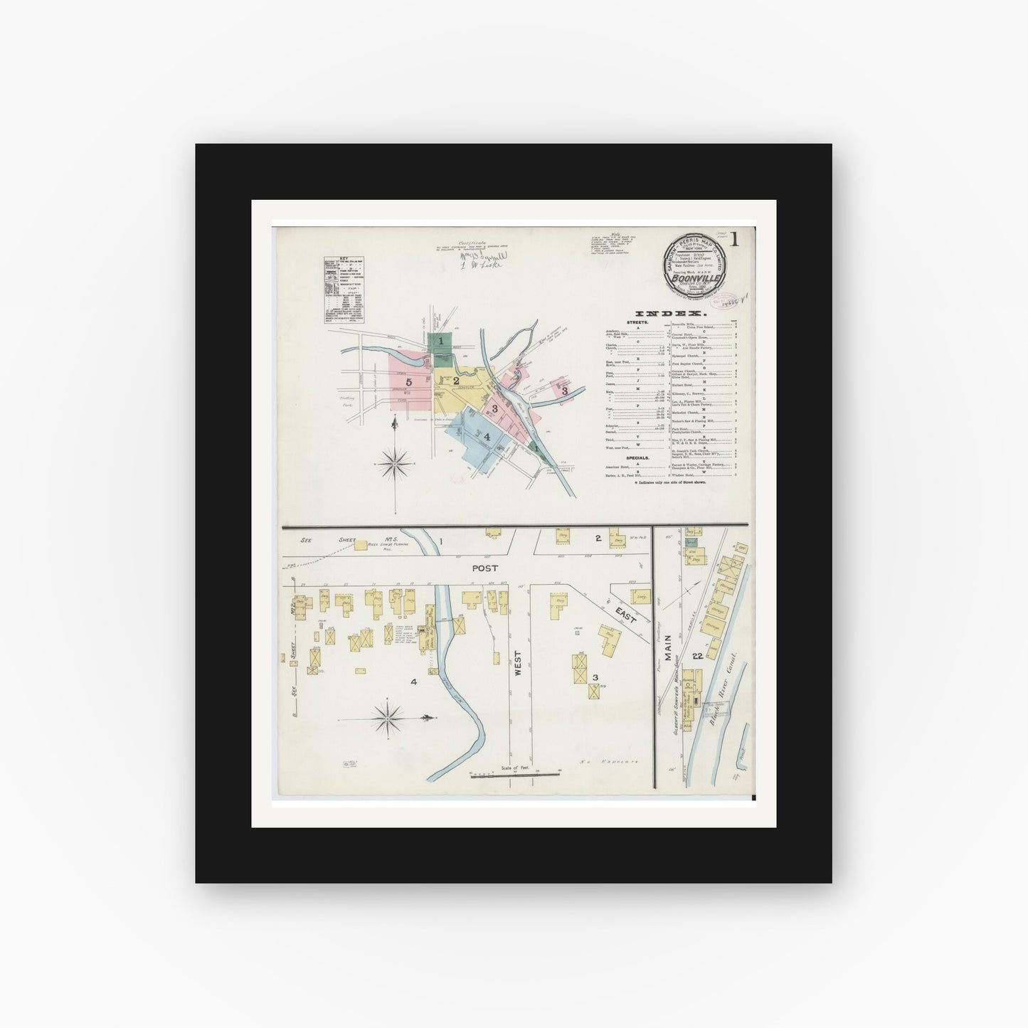 Old map wall art mockup — black gallery frame with white mat — Sanborn Fire Insurance Map from Boonville, Oneida County, New York (1890) - Complete Map Set