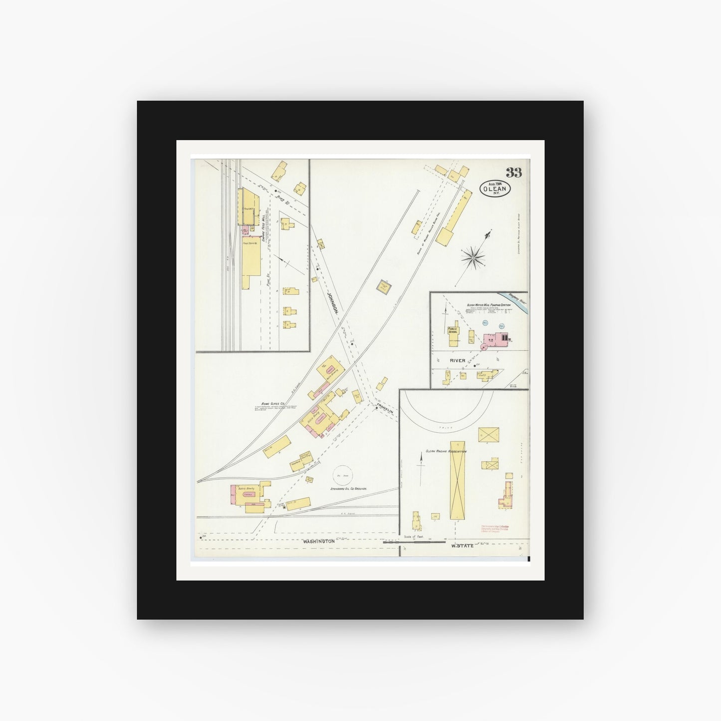 Old map wall art mockup — black gallery frame with white mat — Sanborn Fire Insurance Map from Olean, Cattaraugus County, New York (1904), Sheet #0033