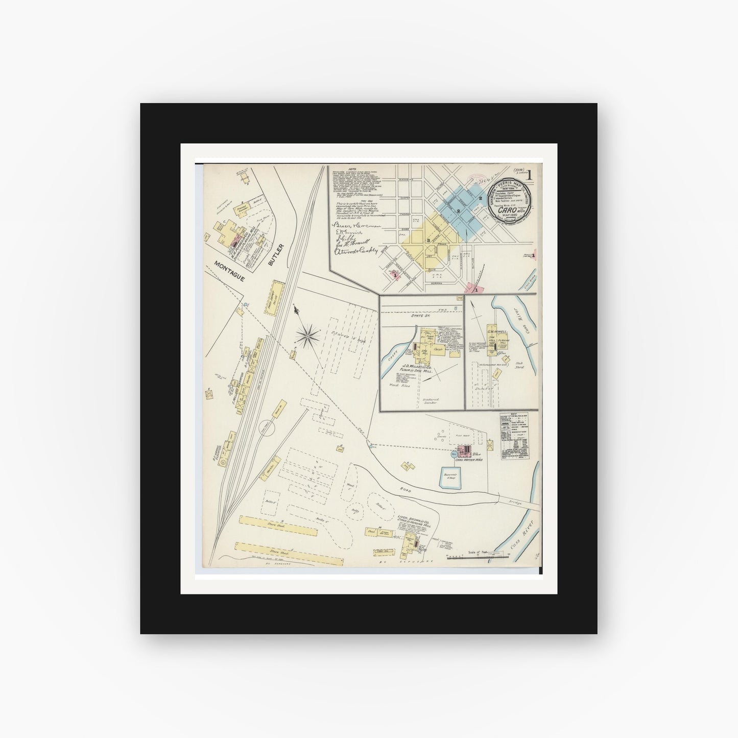 Old map wall art mockup — black gallery frame with white mat — Sanborn Fire Insurance Map from Caro, Tuscola County, Michigan (1890), Sheet #0001