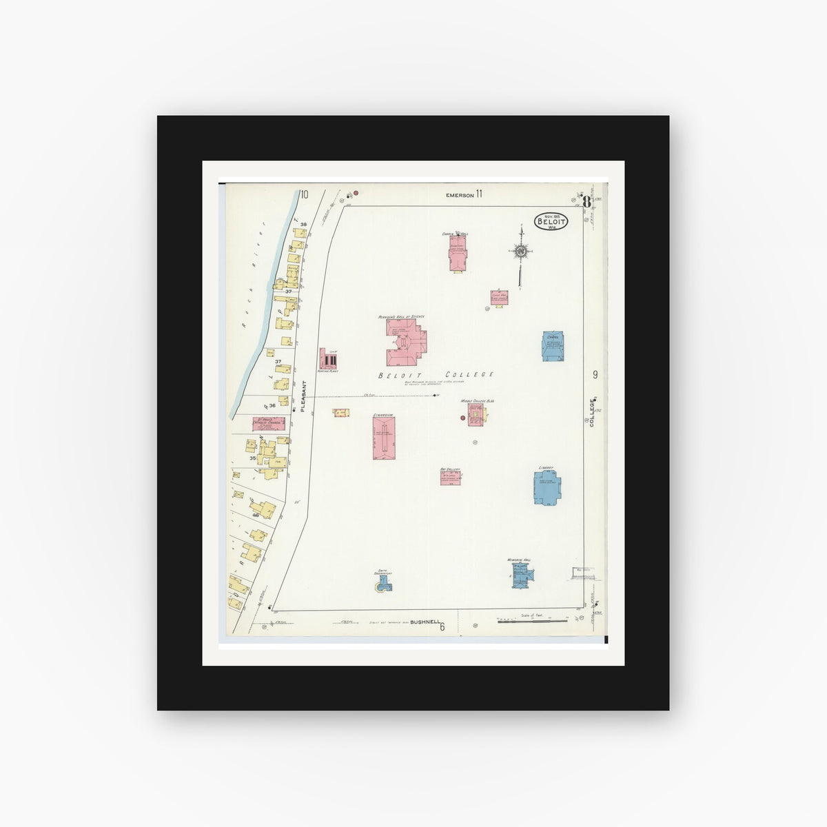 Old map wall art mockup — black gallery frame with white mat — Sanborn Fire Insurance Map from Beloit, Rock County, Wisconsin (1915), Sheet #0008