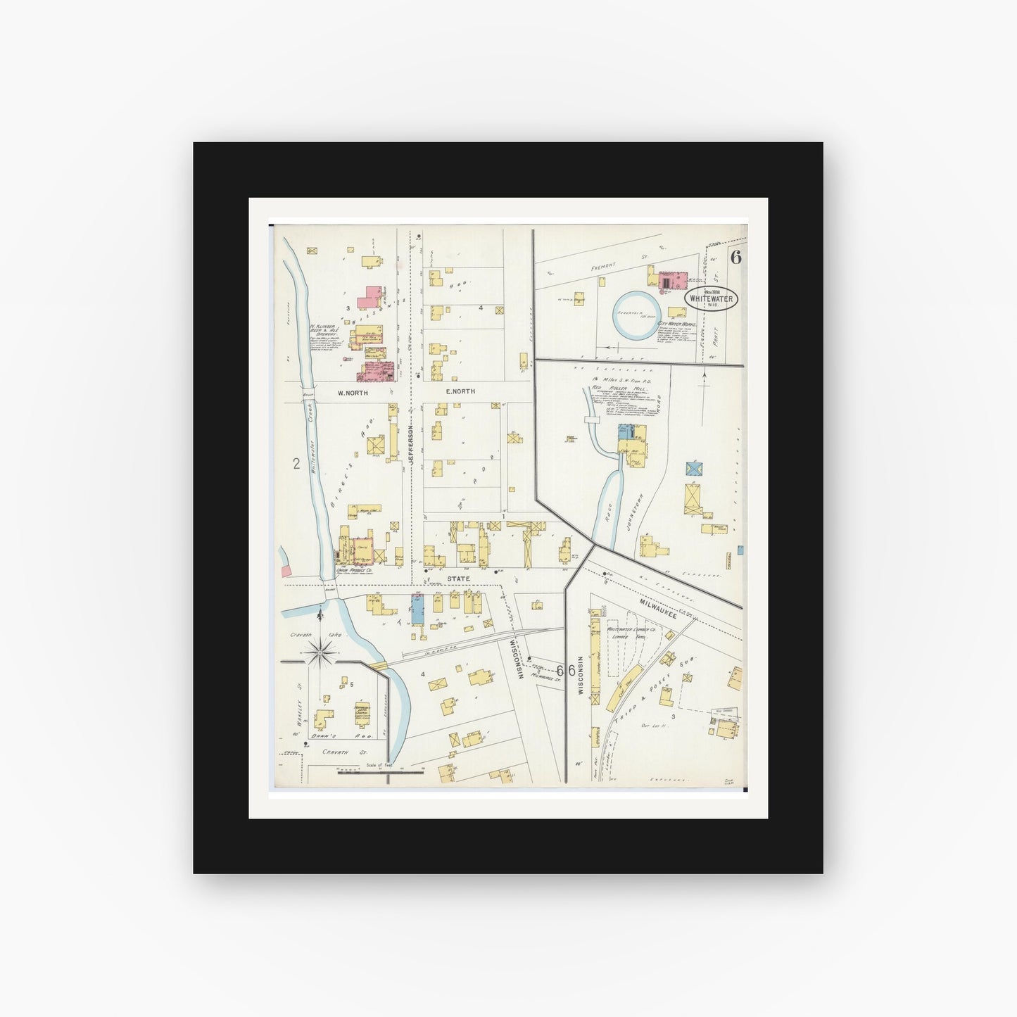 Old map wall art mockup — black gallery frame with white mat — Sanborn Fire Insurance Map from Whitewater, Walworth County, Wisconsin (1898), Sheet #0006