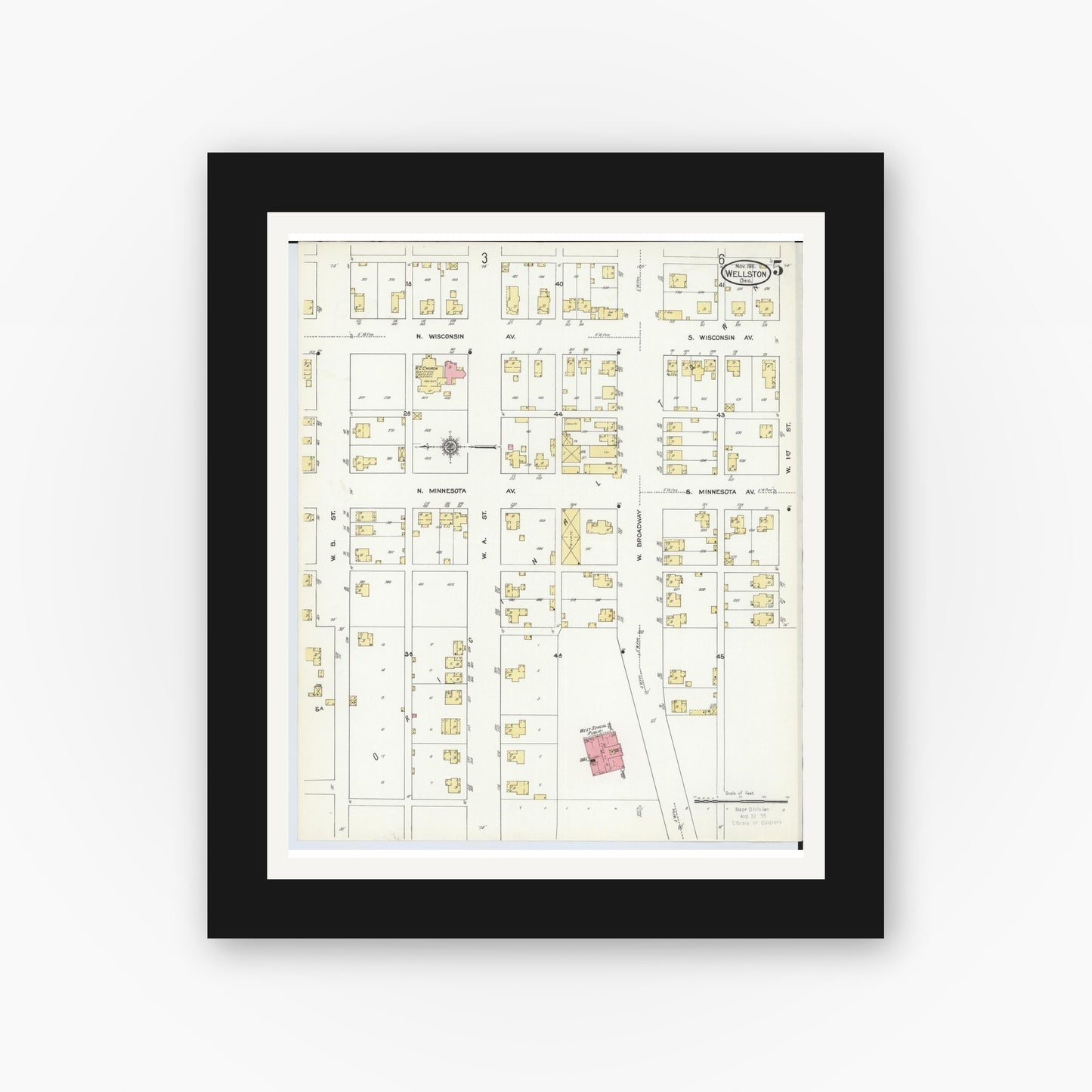Old map wall art mockup — black gallery frame with white mat — Sanborn Fire Insurance Map from Wellston, Jackson County, Ohio (1911), Sheet #0005