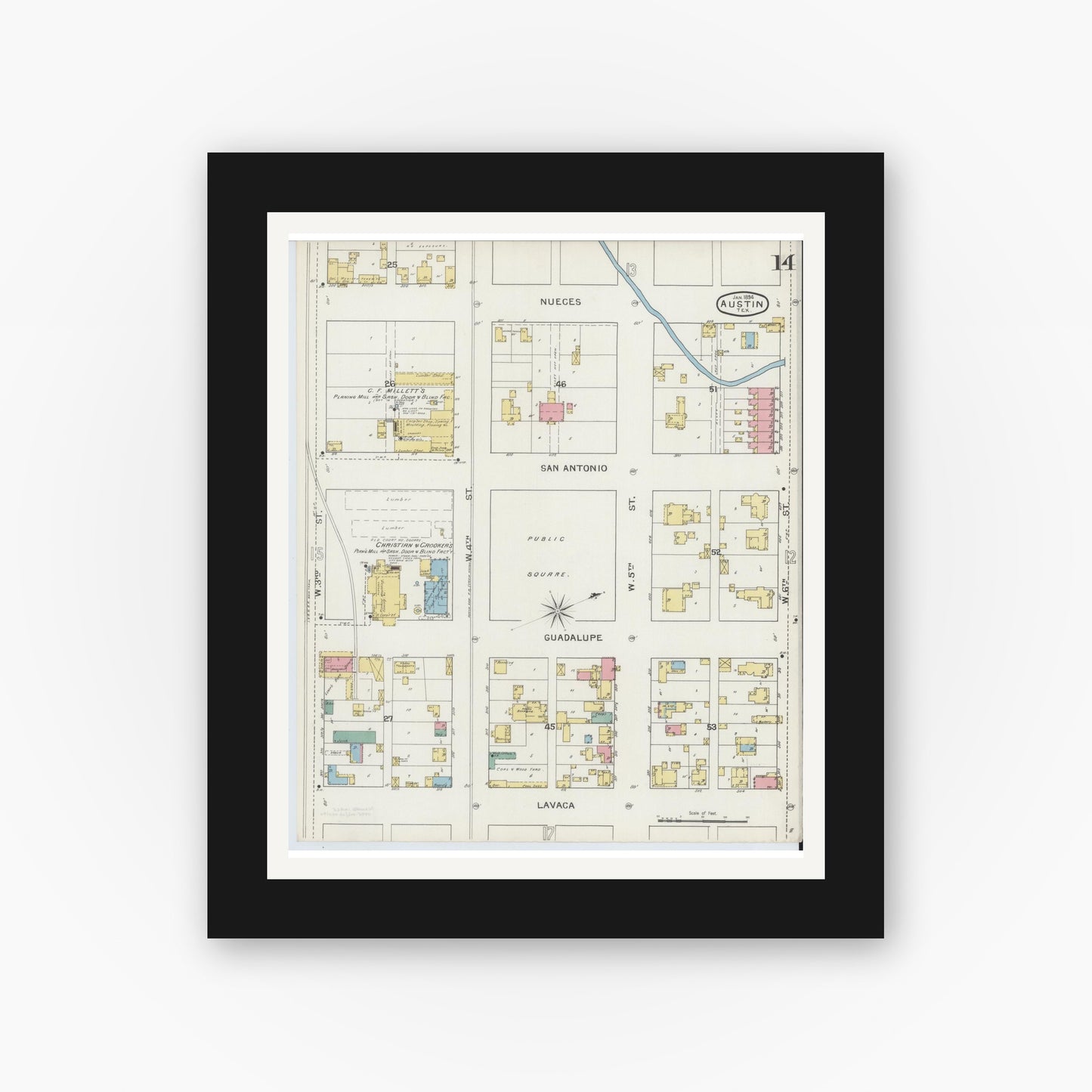 Old map wall art mockup — black gallery frame with white mat — Sanborn Fire Insurance Map from Austin, Travis County, Texas (1894), Sheet #0014