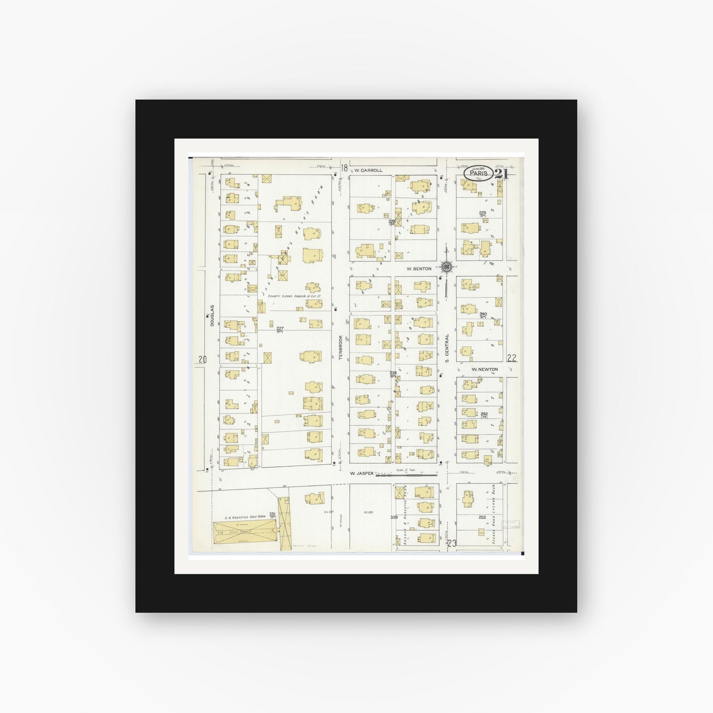 Old map wall art mockup — black gallery frame with white mat — Sanborn Fire Insurance Map from Paris, Edgar County, Illinois (1916), Sheet #0021
