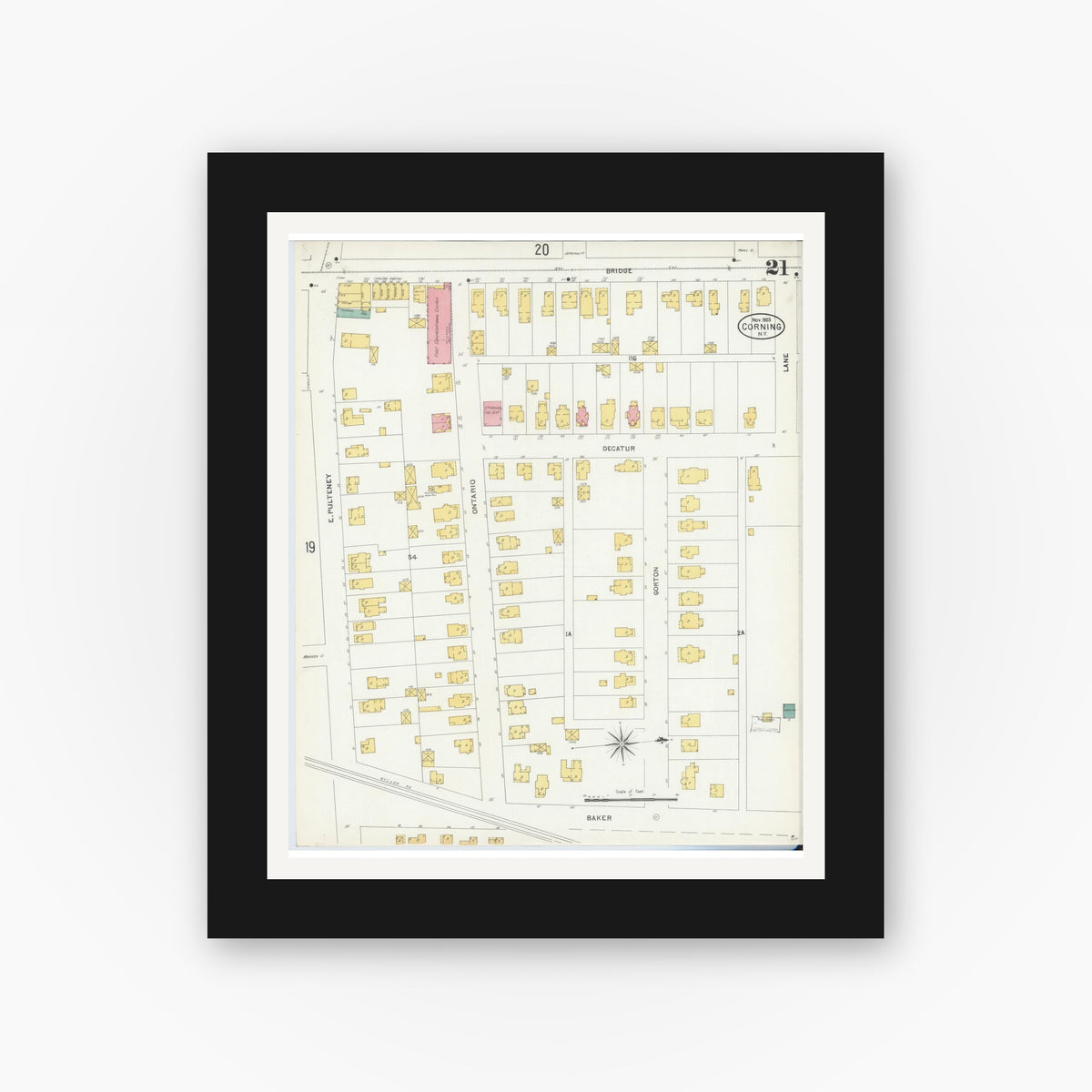 Old map wall art mockup — black gallery frame with white mat — Sanborn Fire Insurance Map from Corning, Steuben County, New York (1903), Sheet #0021