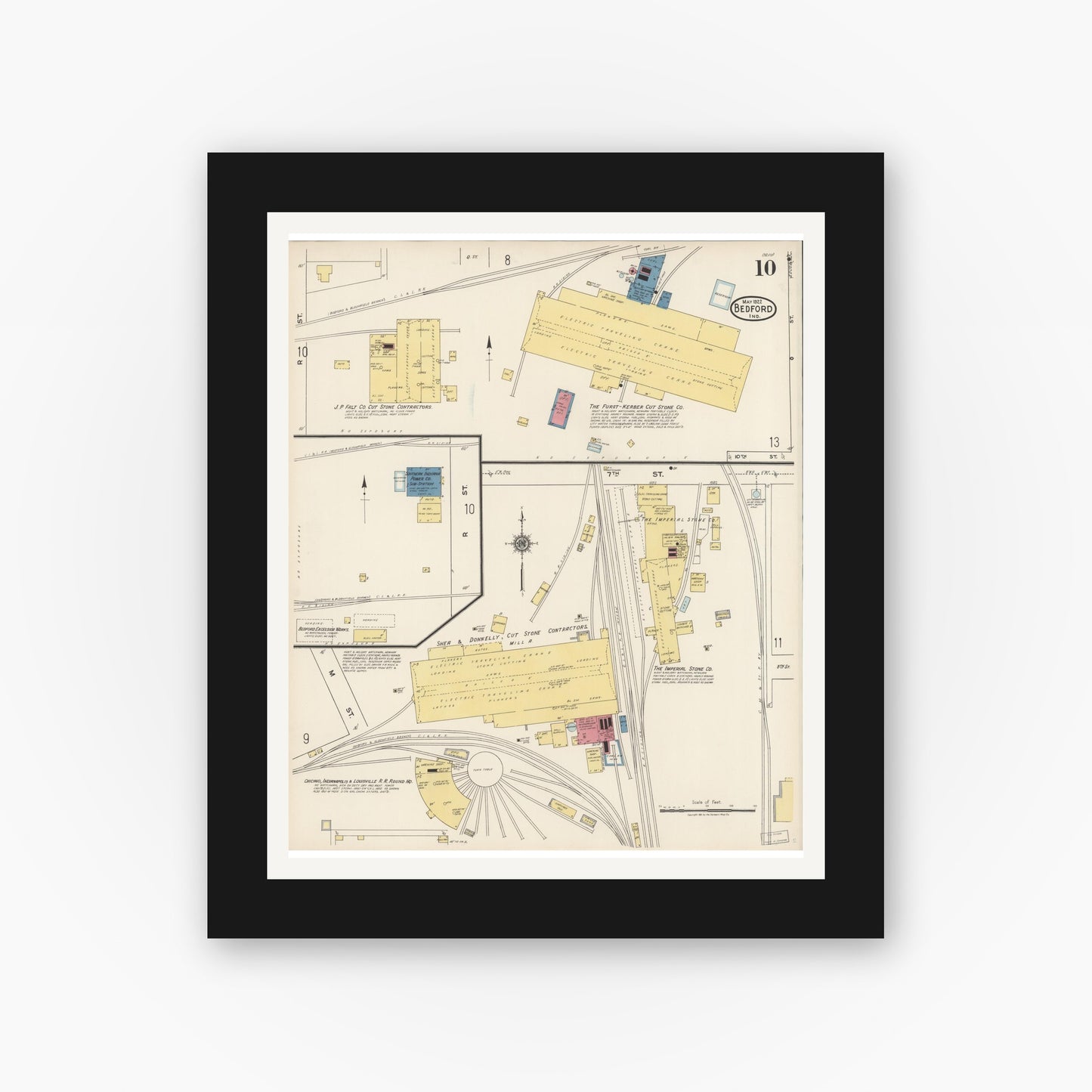 Old map wall art mockup — black gallery frame with white mat — Sanborn Fire Insurance Map from Bedford, Lawrence County, Indiana (1922), Sheet #0010