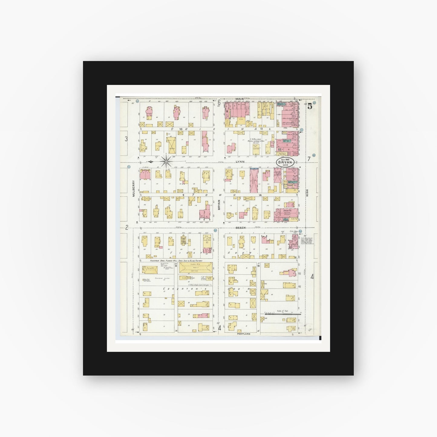 Old map wall art mockup — black gallery frame with white mat — Sanborn Fire Insurance Map from Bryan, Williams County, Ohio (1905), Sheet #0005