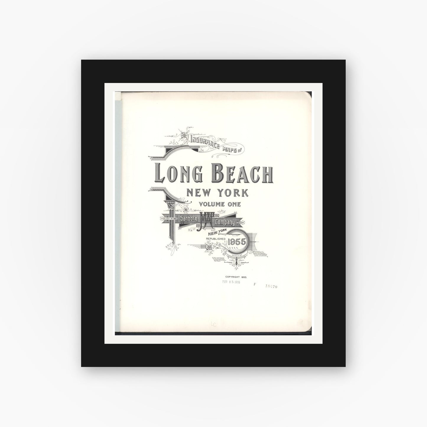 Old map wall art mockup β black gallery frame with white mat β Sanborn Fire Insurance Map from Long Beach, Nassau County, New York (1955), Sheet #0001
