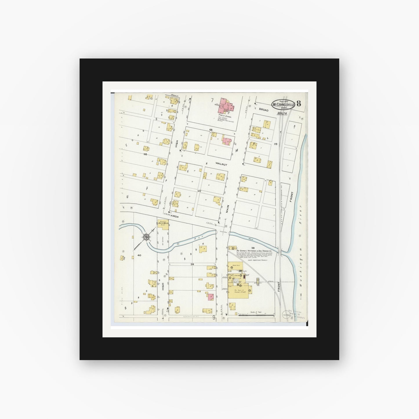 Old map wall art mockup — black gallery frame with white mat — Sanborn Fire Insurance Map from McConnelsville, Morgan County, Ohio (1917), Sheet #0008