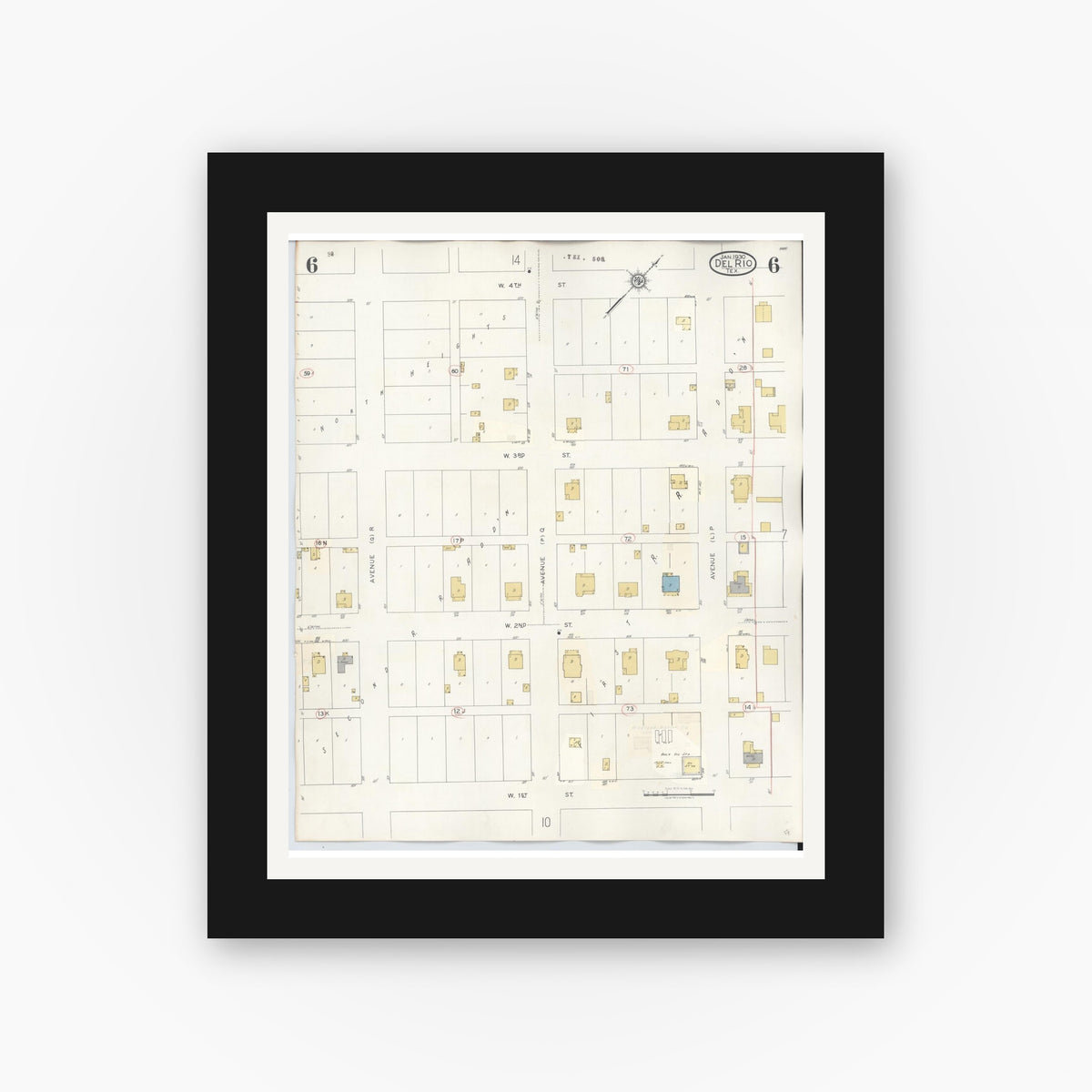 Old map wall art mockup — black gallery frame with white mat — Sanborn Fire Insurance Map from Del Rio, Val Verde County, Texas (1948), Sheet #0006