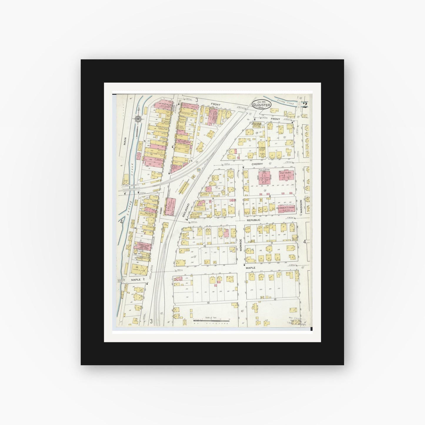 Old map wall art mockup — black gallery frame with white mat — Sanborn Fire Insurance Map from Glouster, Athens County, Ohio (1912), Sheet #0002