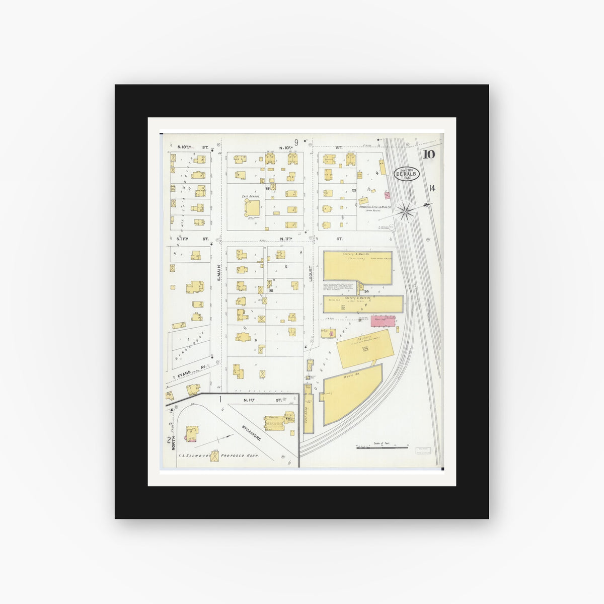 Old map wall art mockup — black gallery frame with white mat — Sanborn Fire Insurance Map from De Kalb, De Kalb County, Illinois (1905), Sheet #0010