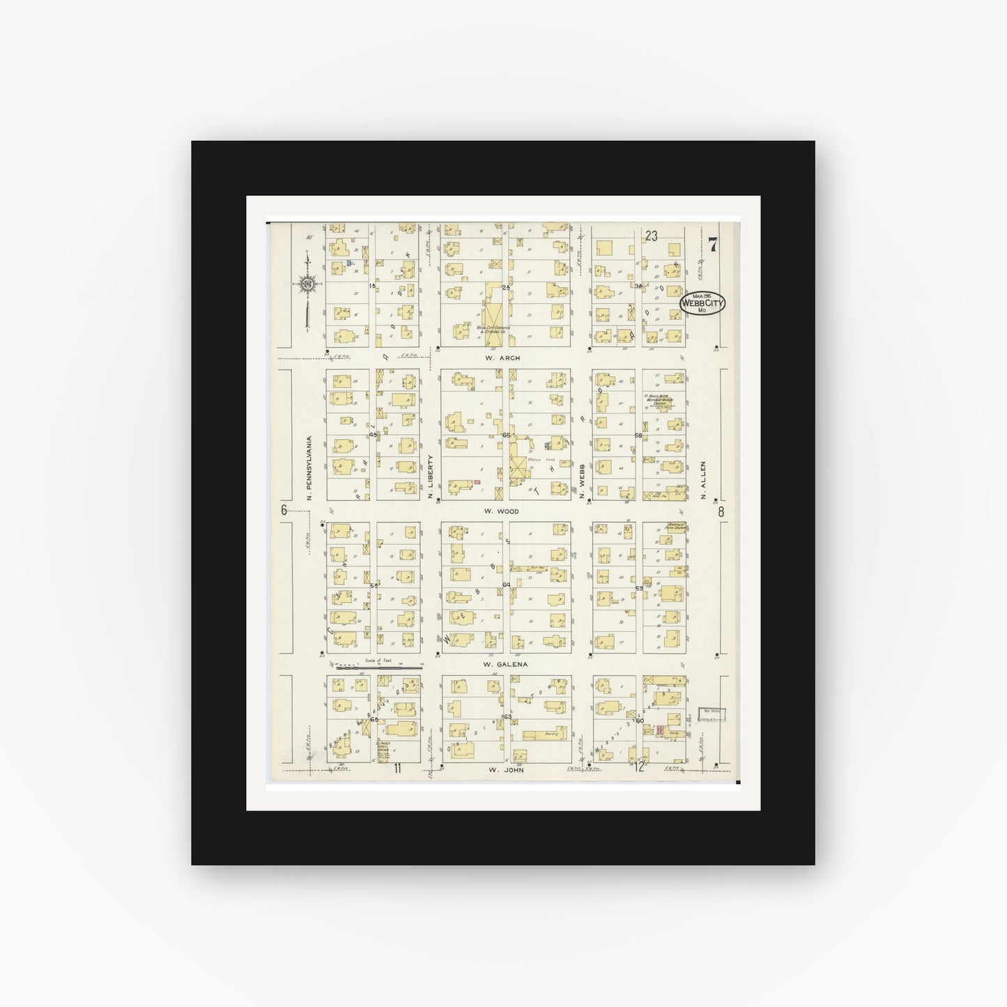 Old map wall art mockup — black gallery frame with white mat — Sanborn Fire Insurance Map from Webb City, Jasper County, Missouri (1915), Sheet #0007