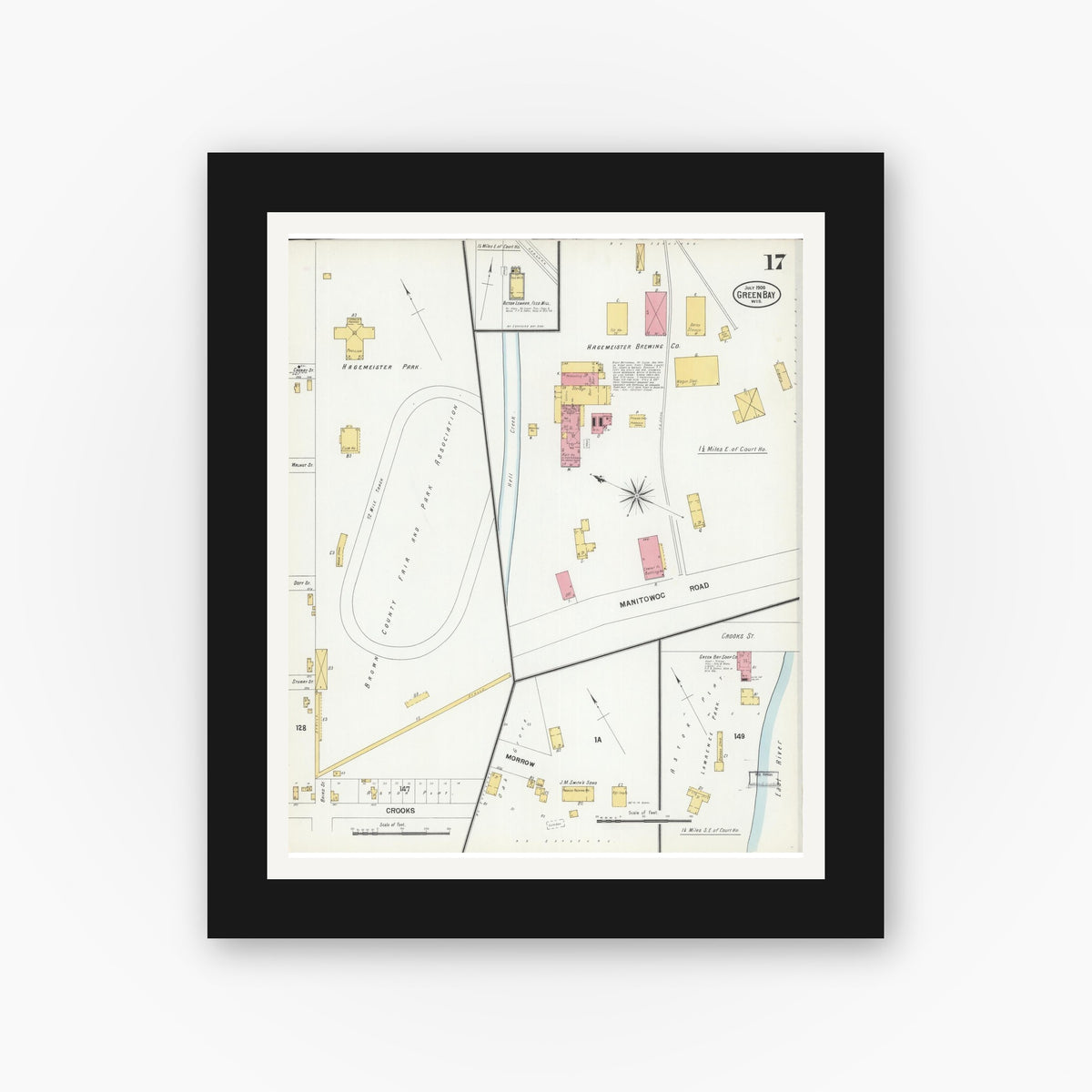 Old map wall art mockup — black gallery frame with white mat — Sanborn Fire Insurance Map from Green Bay, Brown County, Wisconsin (1900), Sheet #0017