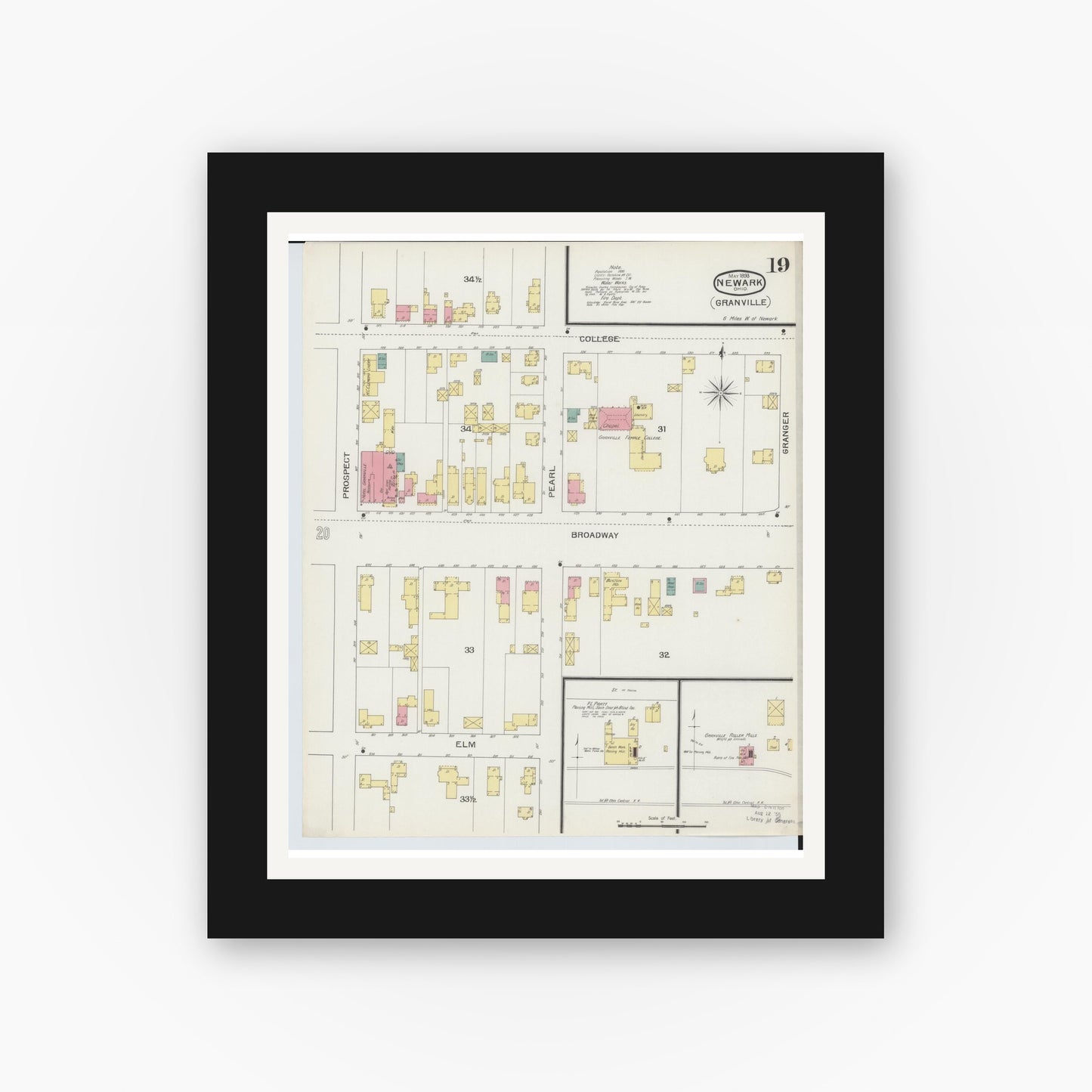 Old map wall art mockup — black gallery frame with white mat — Sanborn Fire Insurance Map from Newark, Licking County, Ohio (1893), Sheet #0019