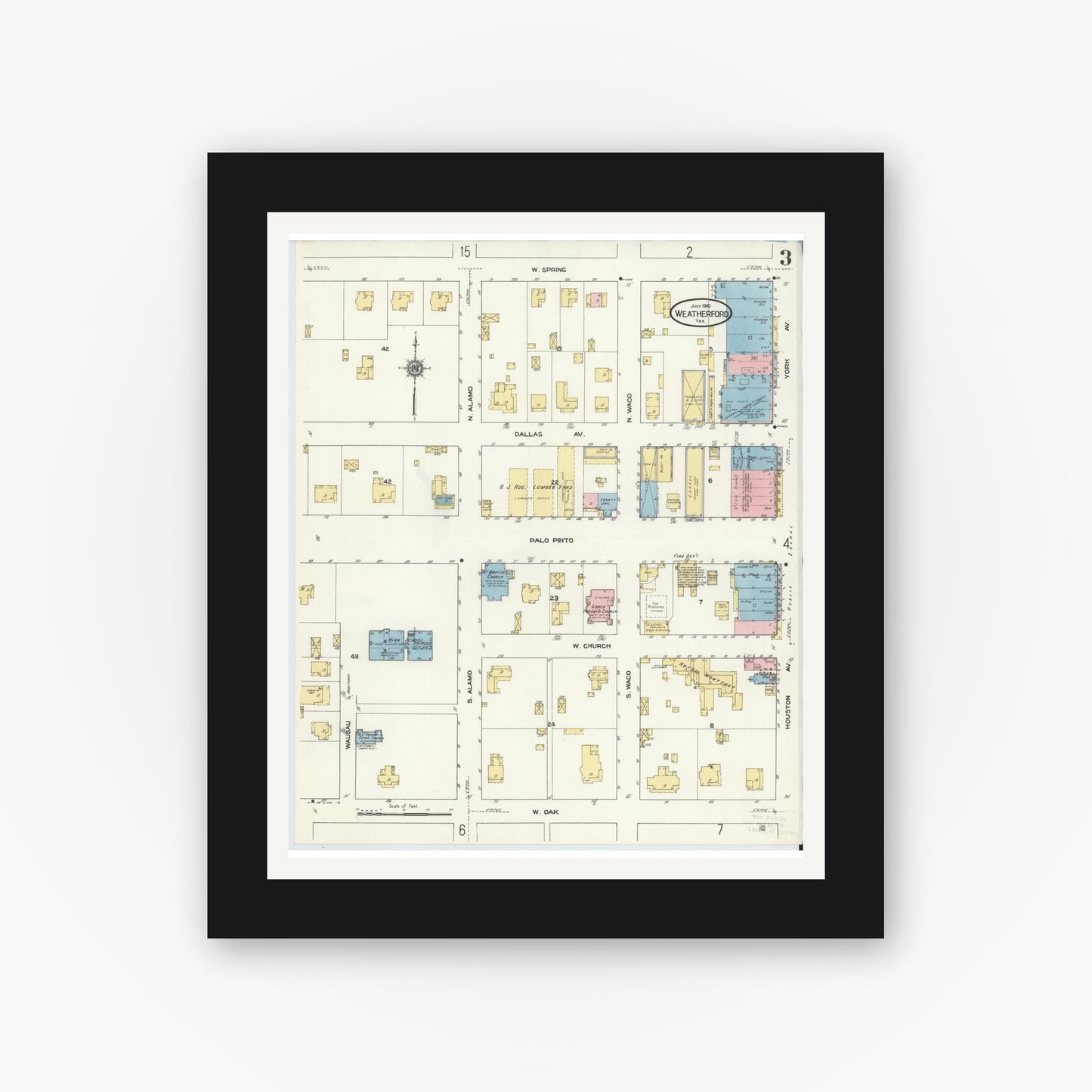 Old map wall art mockup — black gallery frame with white mat — Sanborn Fire Insurance Map from Weatherford, Parker County, Texas (1910), Sheet #0003