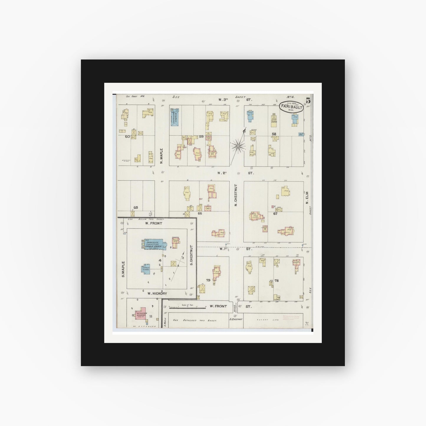 Old map wall art mockup — black gallery frame with white mat — Sanborn Fire Insurance Map from Faribault, Rice County, Minnesota (1889), Sheet #0005