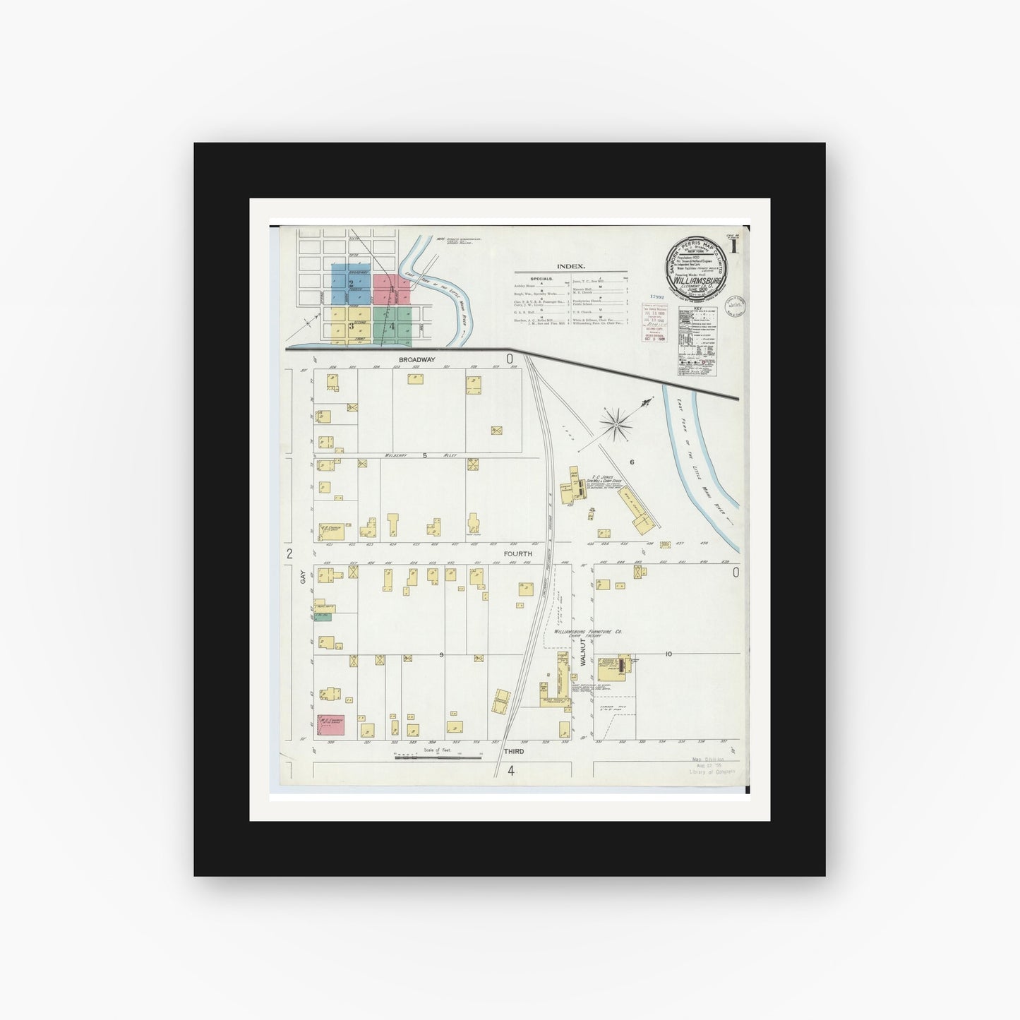 Old map wall art mockup — black gallery frame with white mat — Sanborn Fire Insurance Map from Williamsburg, Clermont County, Ohio (1900) - Complete Map Set