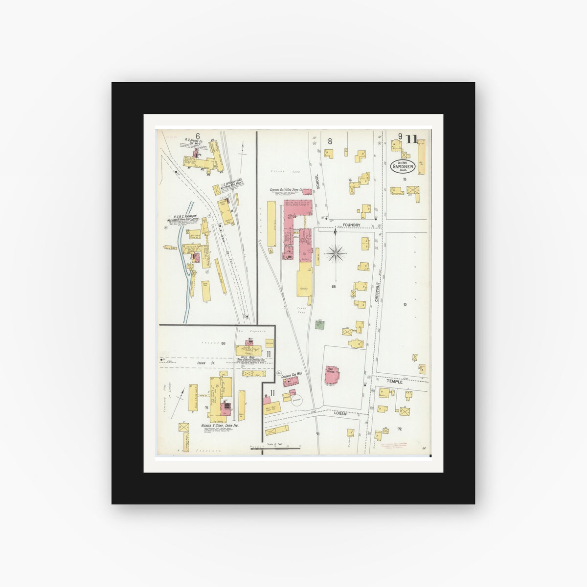 Old map wall art mockup — black gallery frame with white mat — Sanborn Fire Insurance Map from Gardner, Worcester County, Massachusetts (1900), Sheet #0011
