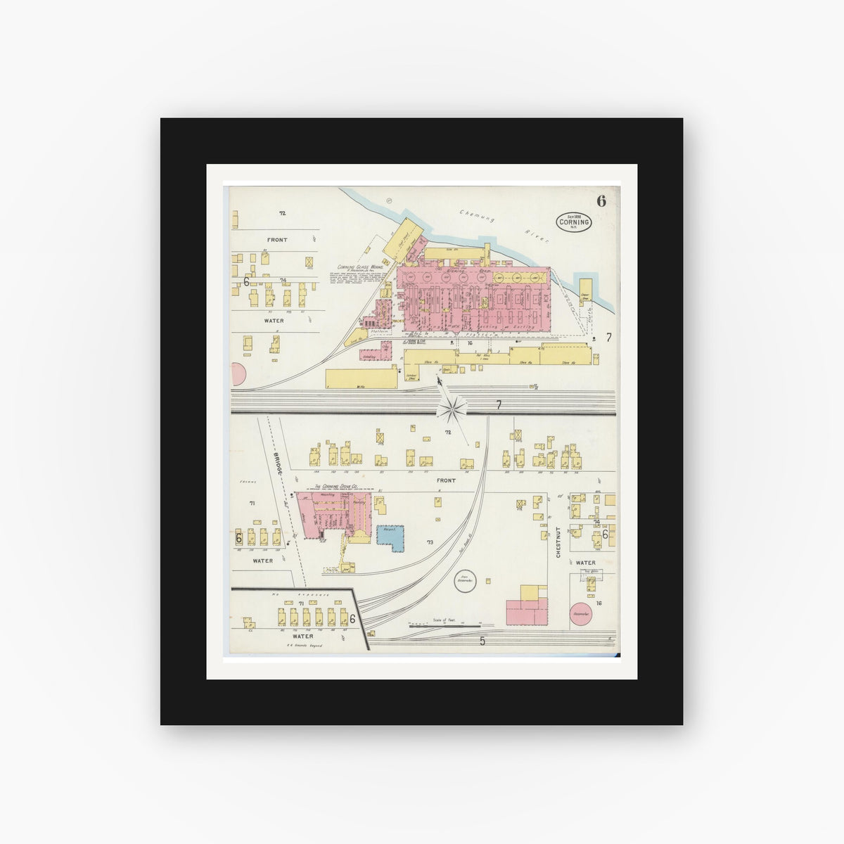 Old map wall art mockup — black gallery frame with white mat — Sanborn Fire Insurance Map from Corning, Steuben County, New York (1898), Sheet #0006