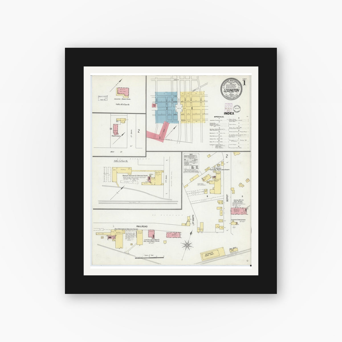 Old map wall art mockup — black gallery frame with white mat — Sanborn Fire Insurance Map from Lexington, Davidson County, North Carolina (1902) - Complete Map Set