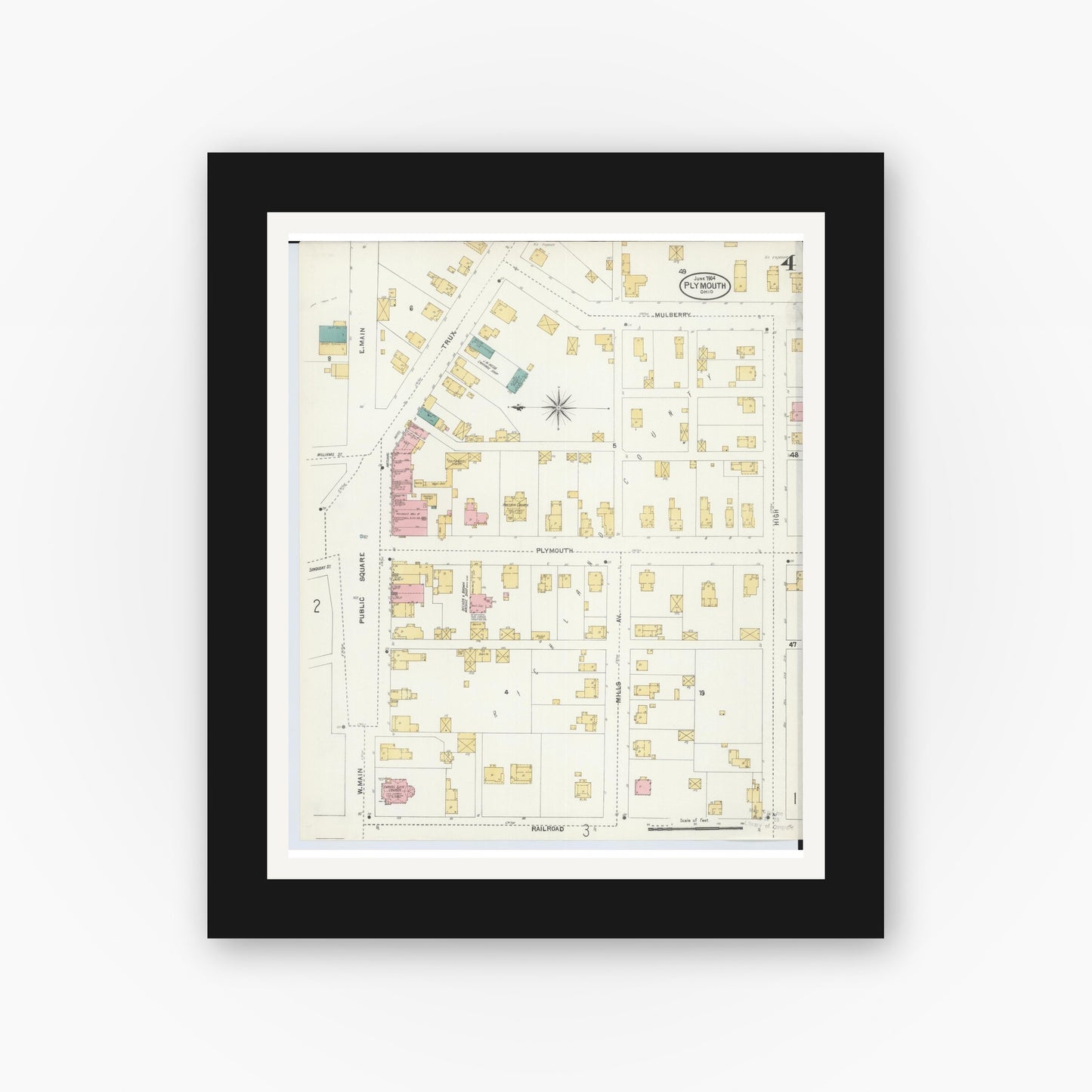 Old map wall art mockup — black gallery frame with white mat — Sanborn Fire Insurance Map from Plymouth, Huron And Richland Counties, Ohio (1904), Sheet #0004