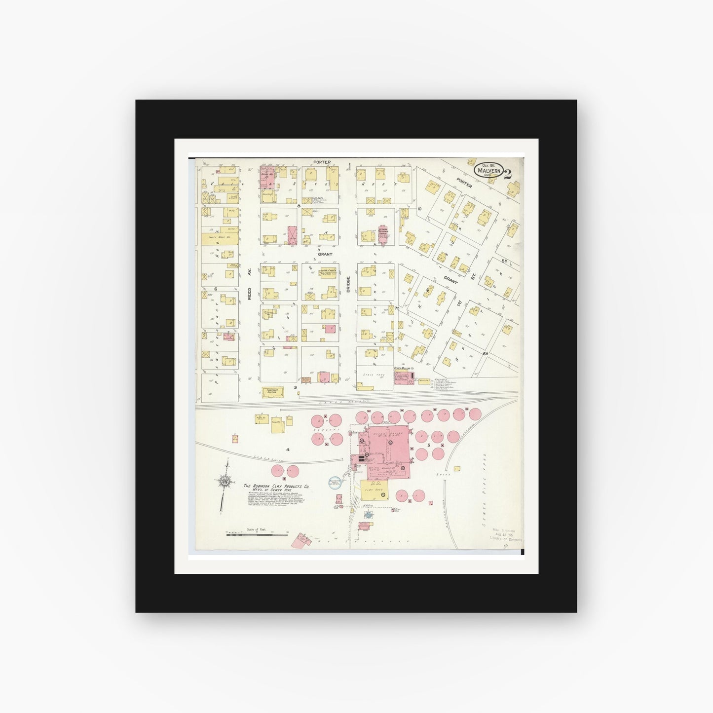 Old map wall art mockup — black gallery frame with white mat — Sanborn Fire Insurance Map from Malvern, Carroll County, Ohio (1911), Sheet #0002