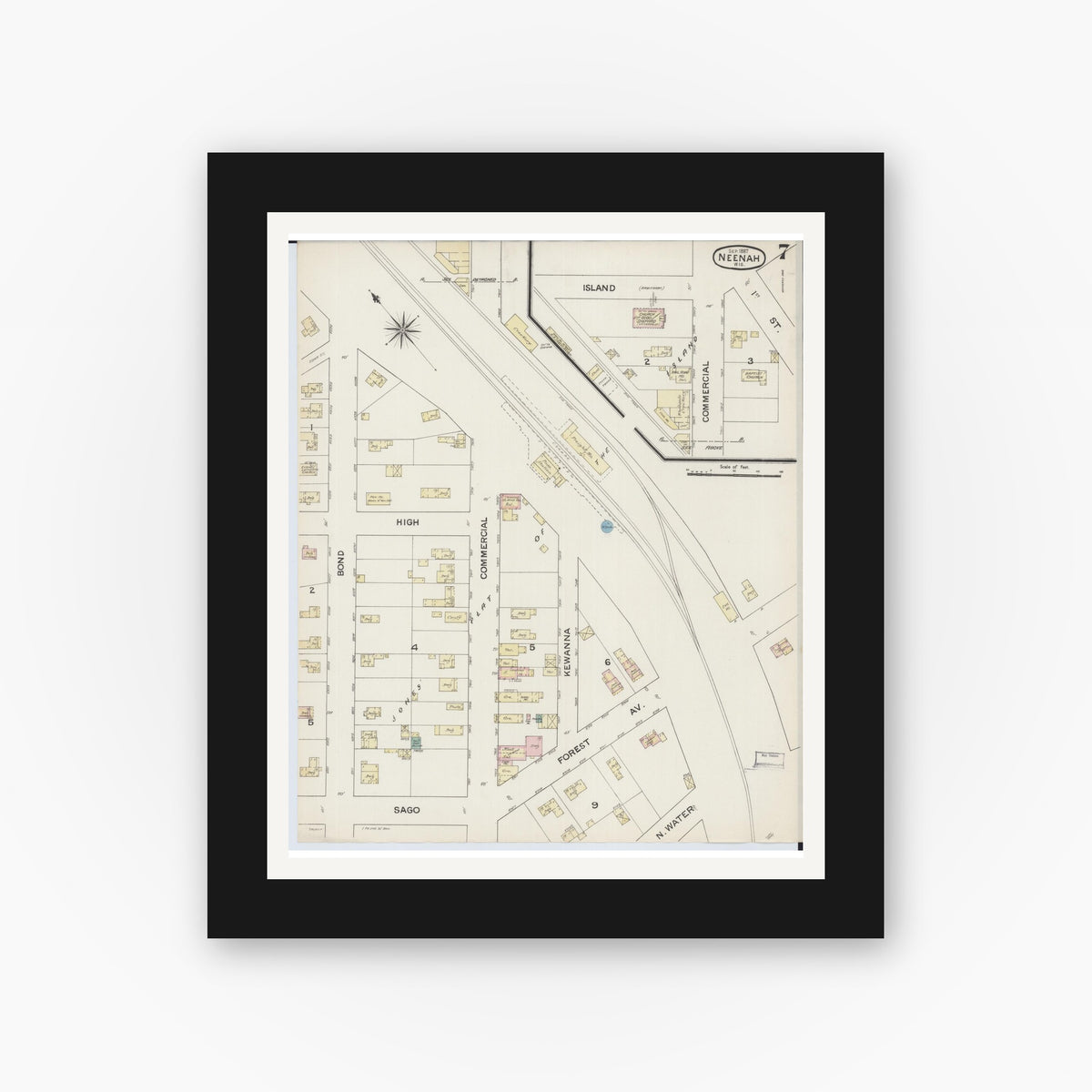 Old map wall art mockup — black gallery frame with white mat — Sanborn Fire Insurance Map from Neenah, Winnebago County, Wisconsin (1887), Sheet #0007