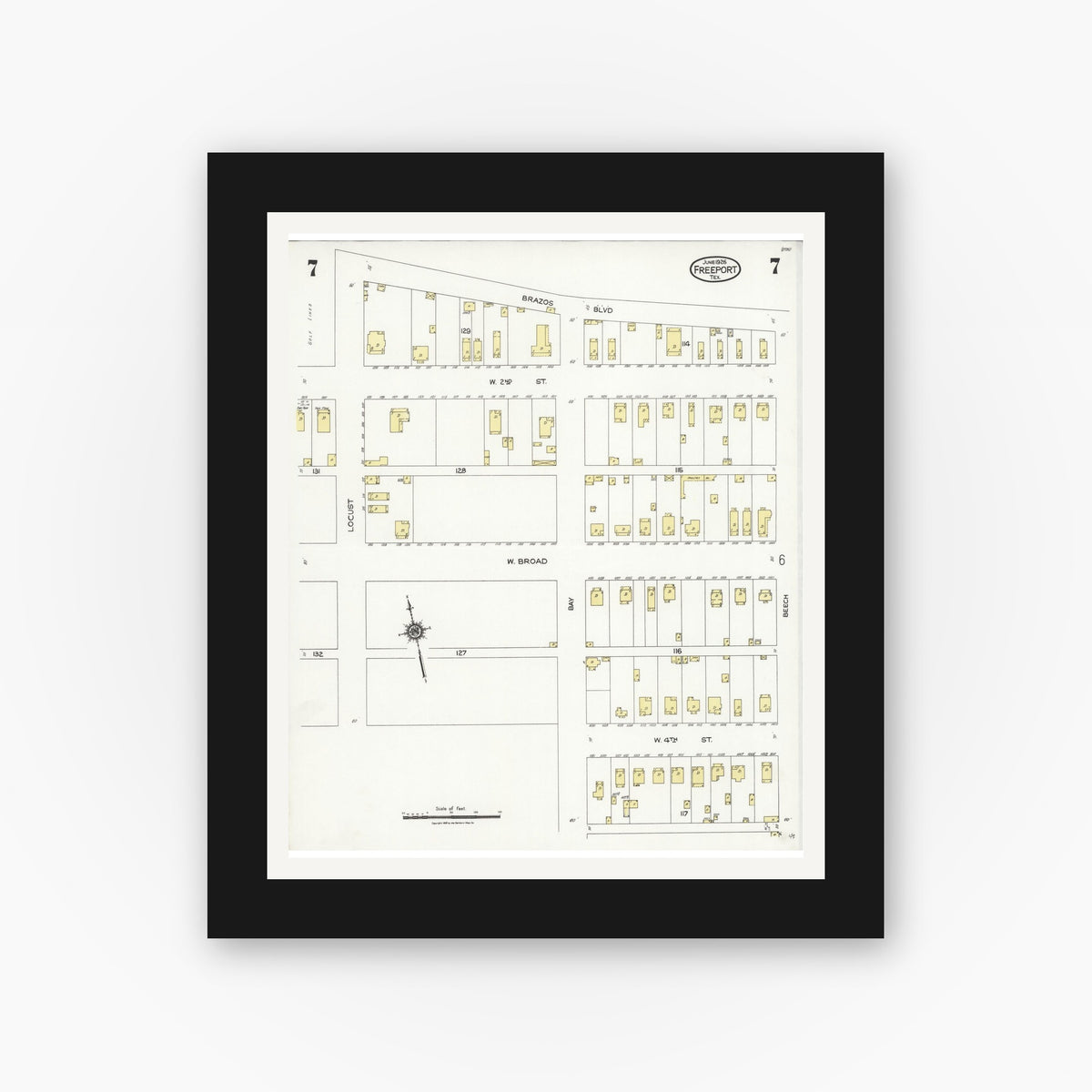 Old map wall art mockup — black gallery frame with white mat — Sanborn Fire Insurance Map from Freeport, Brazoria County, Texas (1926), Sheet #0007