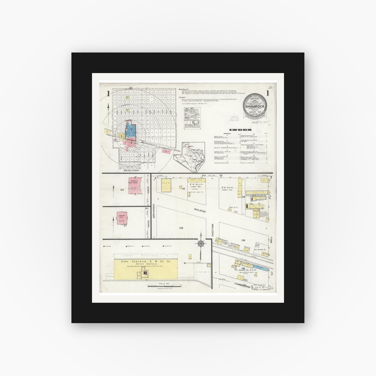 Old map wall art mockup — black gallery frame with white mat — Sanborn Fire Insurance Map from Shamrock, Wheeler County, Texas (1926) - Complete Map Set