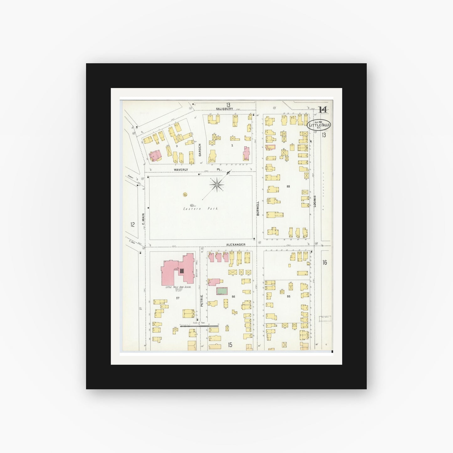 Old map wall art mockup — black gallery frame with white mat — Sanborn Fire Insurance Map from Little Falls, Herkimer County, New York (1900), Sheet #0014