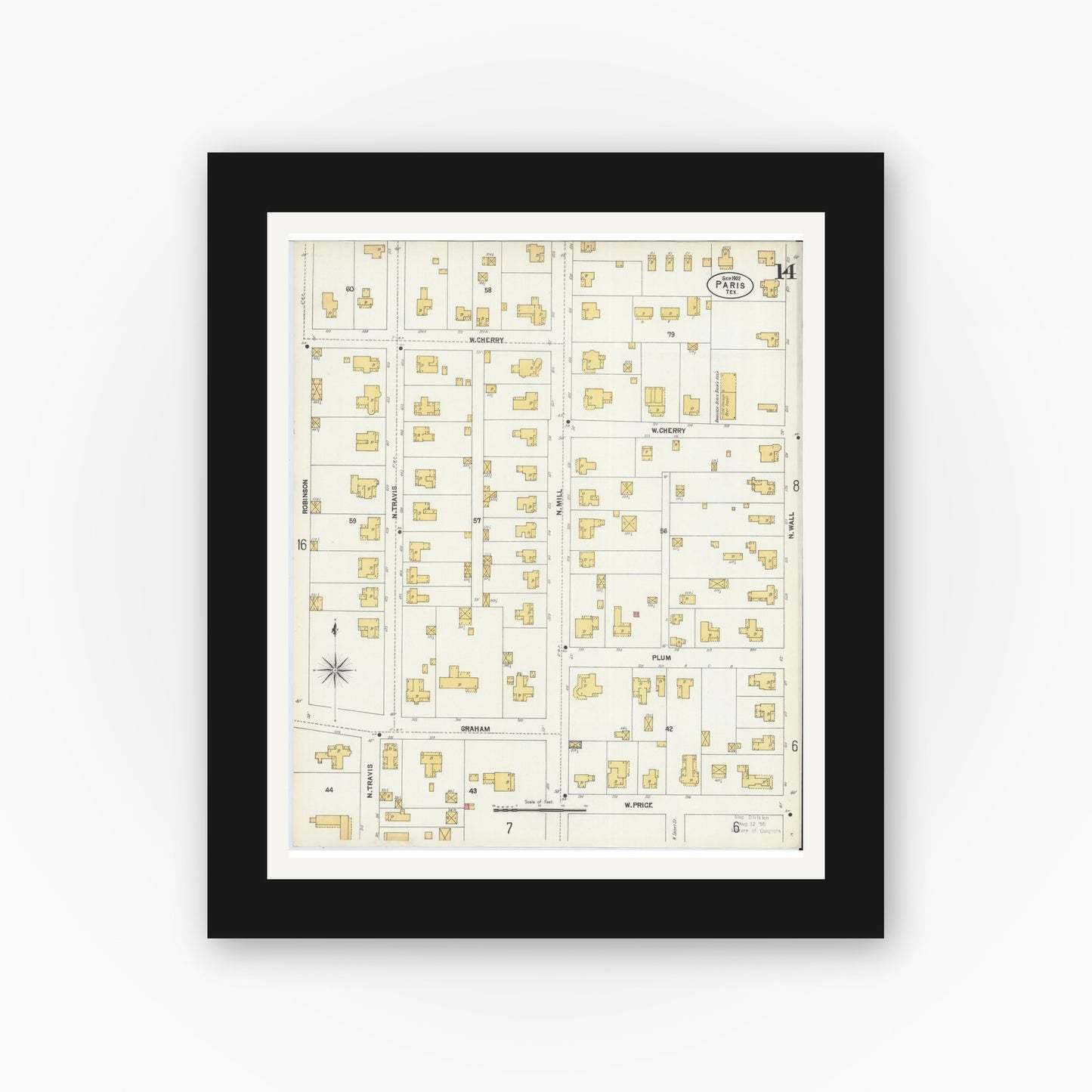 Old map wall art mockup — black gallery frame with white mat — Sanborn Fire Insurance Map from Paris, Lamar County, Texas (1902), Sheet #0014