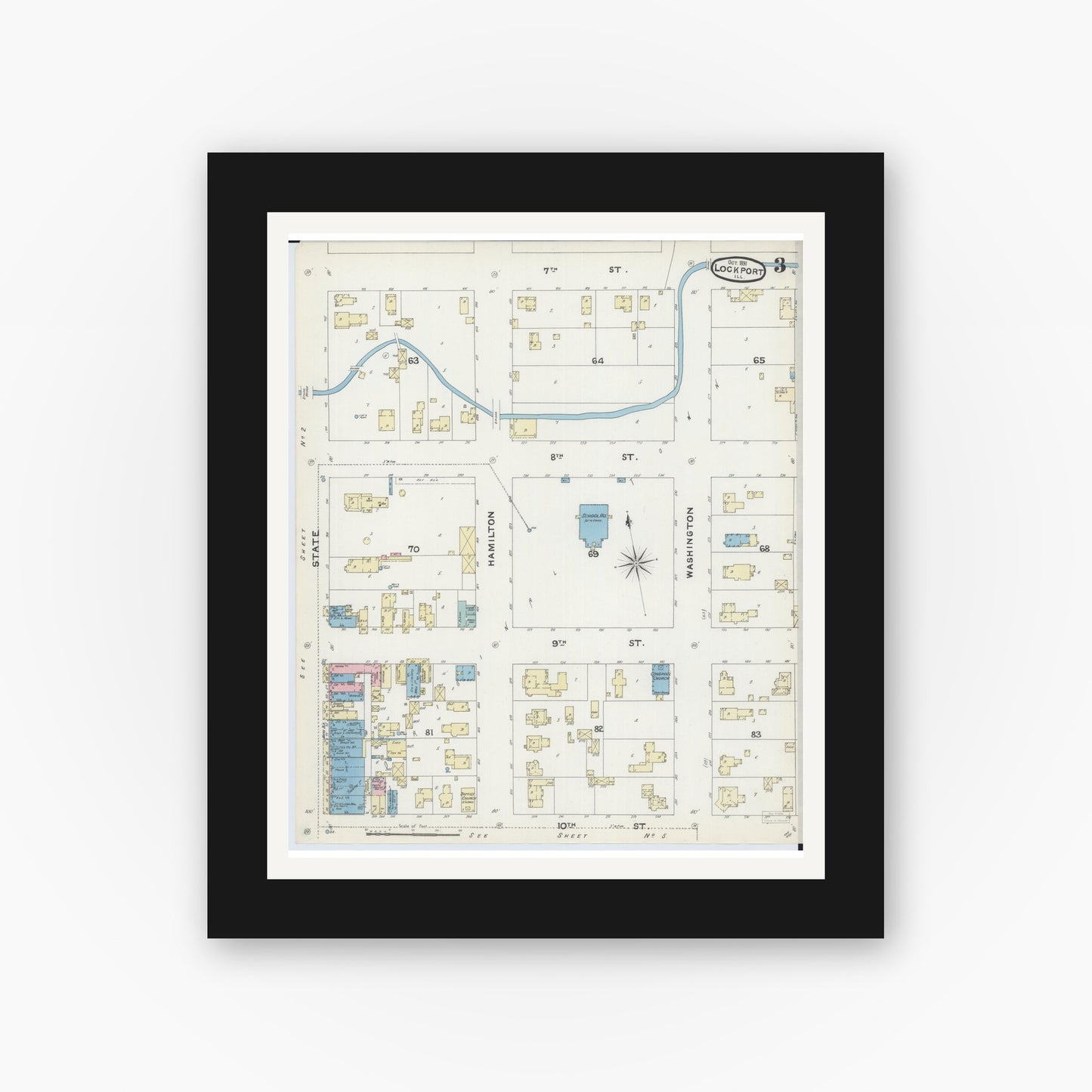 Old map wall art mockup — black gallery frame with white mat — Sanborn Fire Insurance Map from Lockport, Will County, Illinois (1891), Sheet #0003