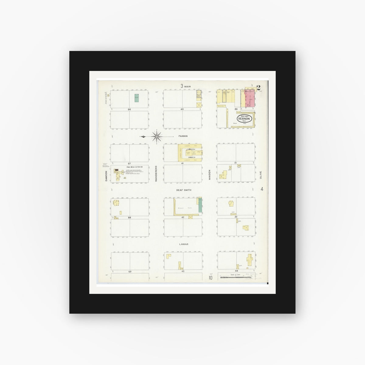 Old map wall art mockup — black gallery frame with white mat — Sanborn Fire Insurance Map from Vernon, Wilbarger County, Texas (1907), Sheet #0002