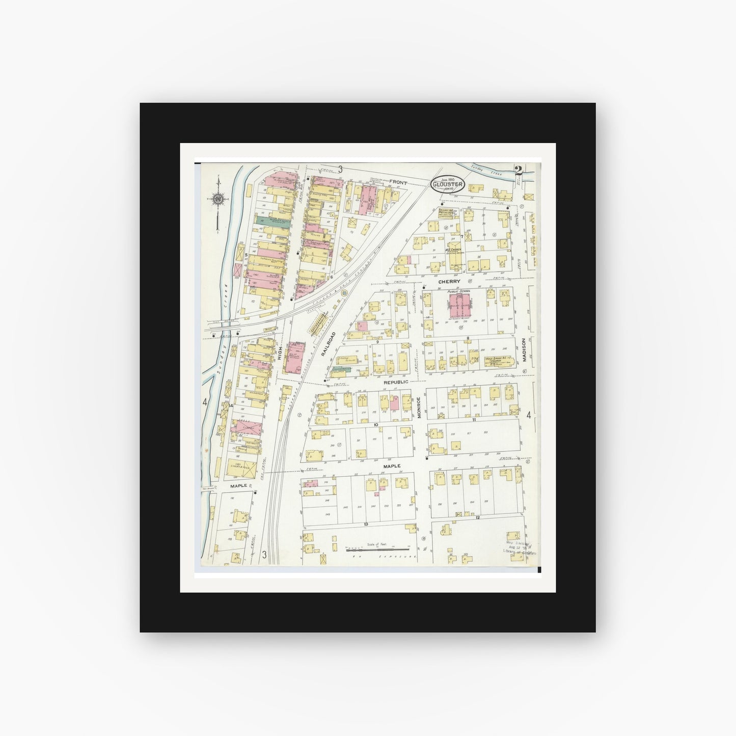 Old map wall art mockup — black gallery frame with white mat — Sanborn Fire Insurance Map from Glouster, Athens County, Ohio (1910), Sheet #0002