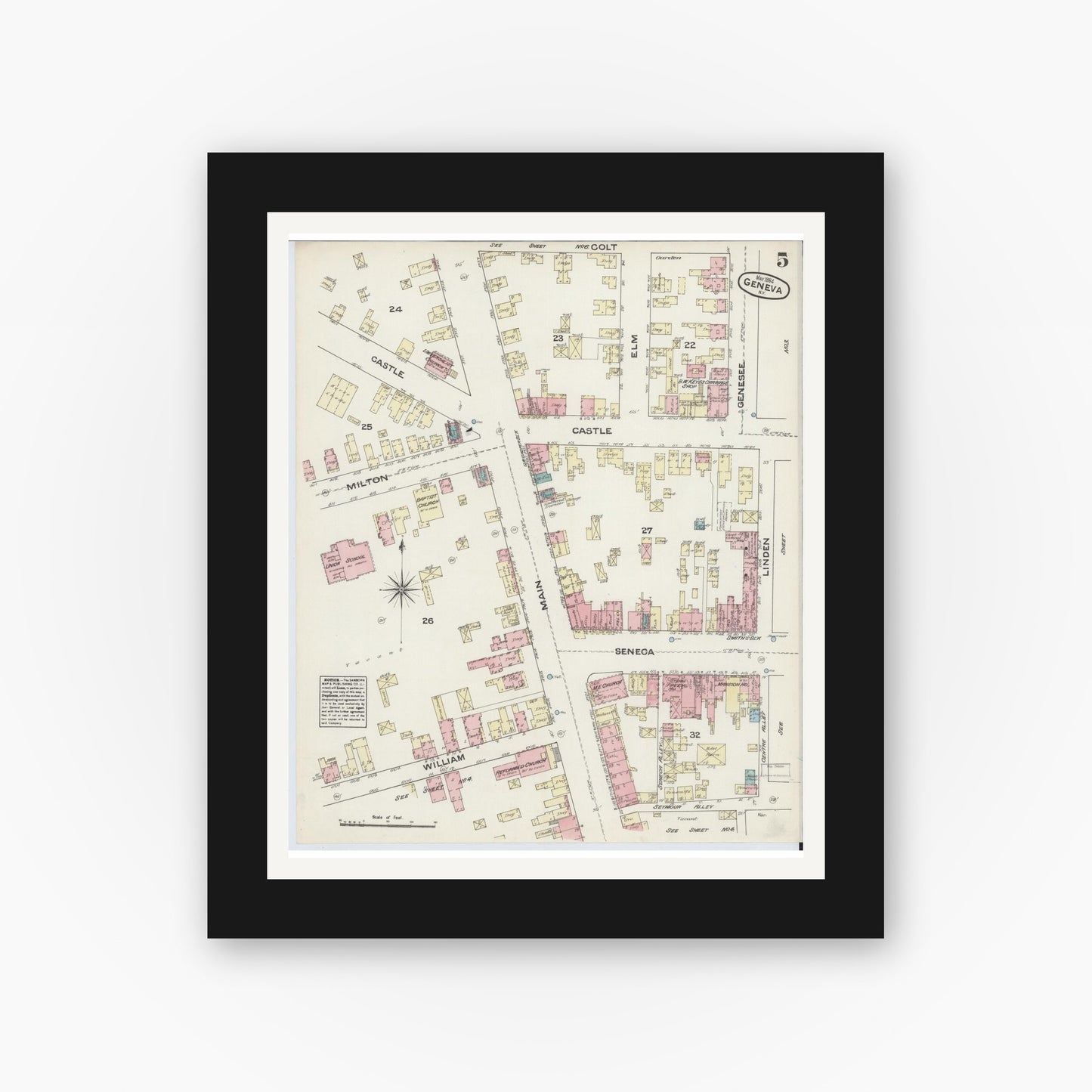 Old map wall art mockup — black gallery frame with white mat — Sanborn Fire Insurance Map from Geneva, Ontario County, New York (1884), Sheet #0005