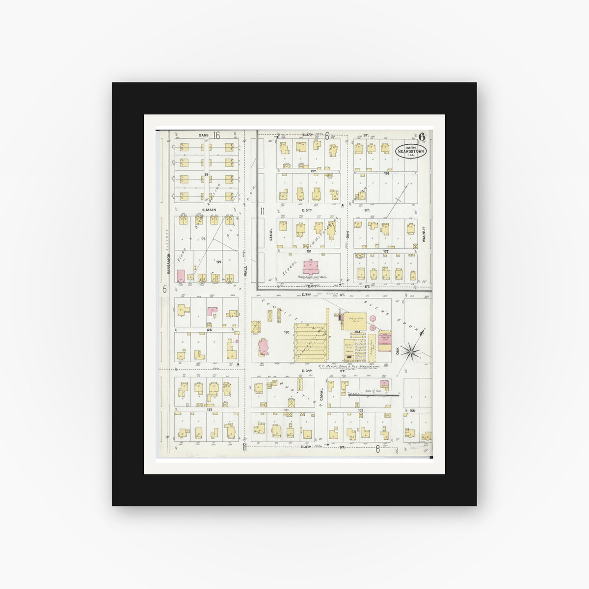 Old map wall art mockup — black gallery frame with white mat — Sanborn Fire Insurance Map from Beardstown, Cass County, Illinois (1906), Sheet #0006