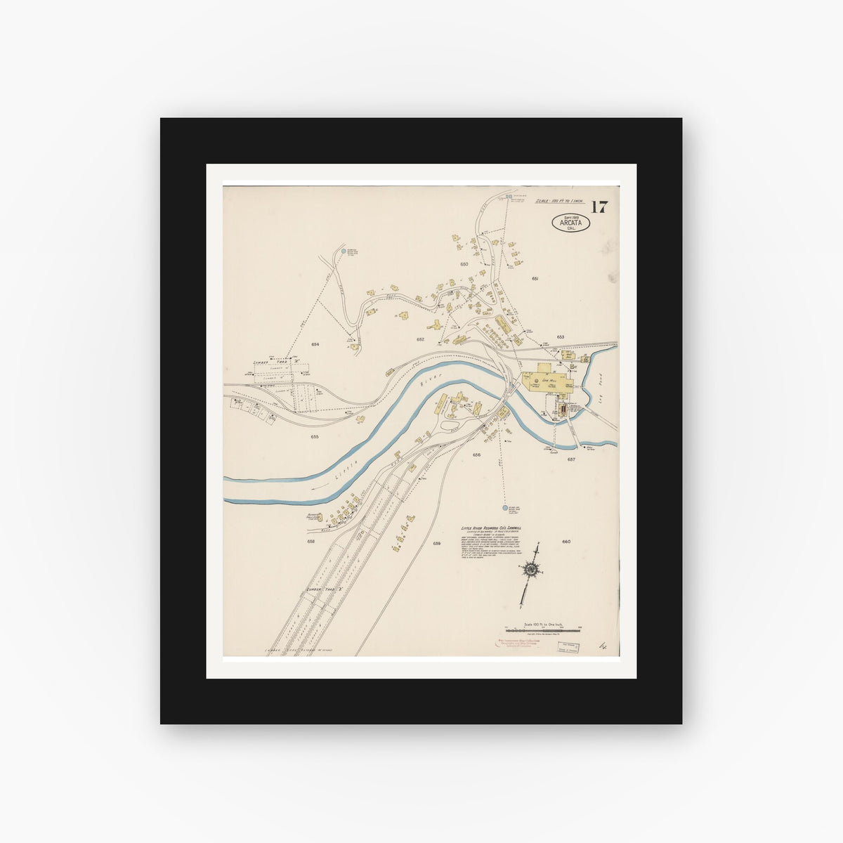 Old map wall art mockup — black gallery frame with white mat — Sanborn Fire Insurance Map from Arcata, Humboldt County, California (1919), Sheet #0017