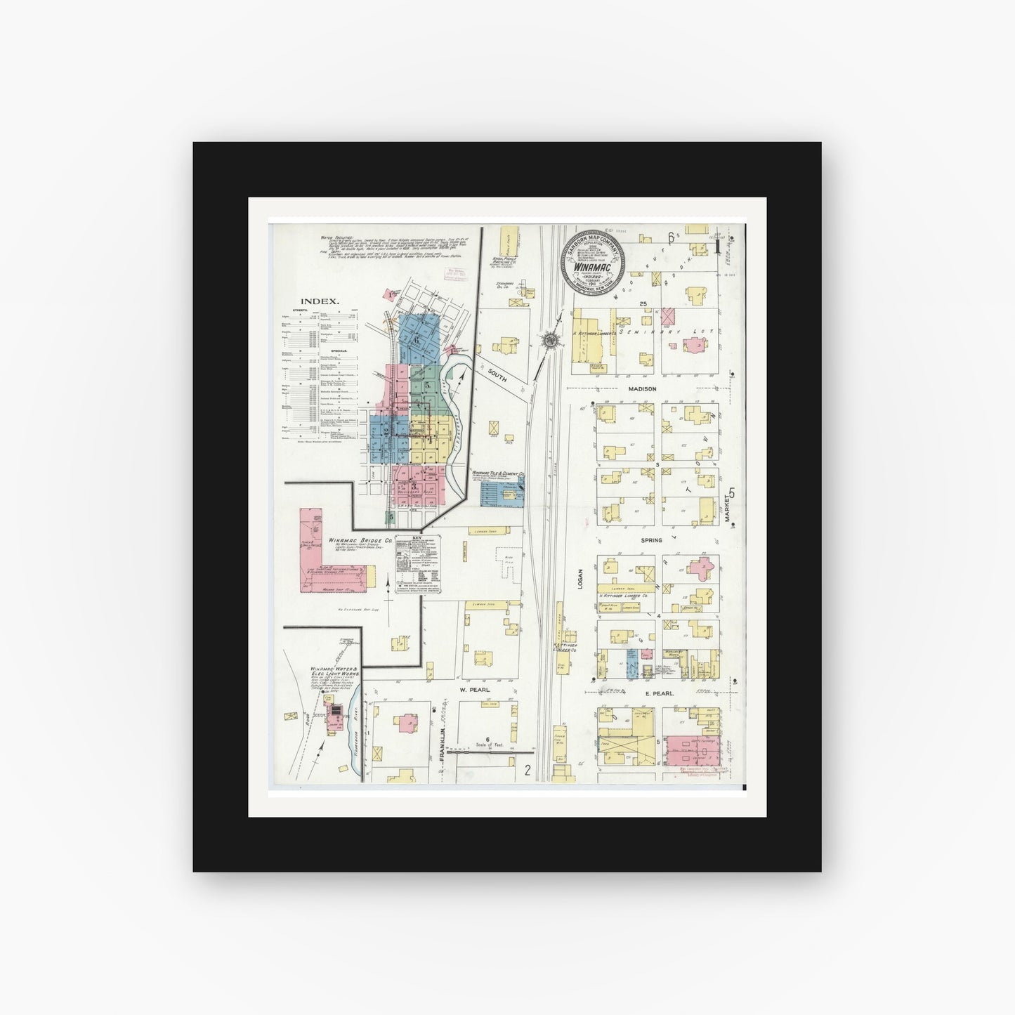 Old map wall art mockup — black gallery frame with white mat — Sanborn Fire Insurance Map from Winamac, Pulaski County, Indiana (1911) - Complete Map Set
