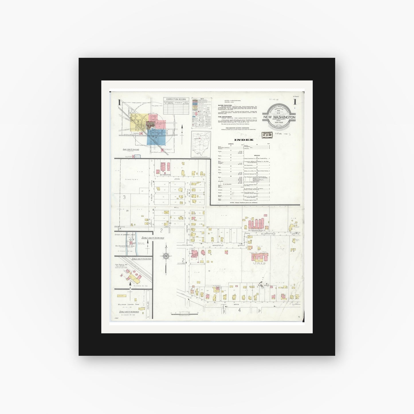 Old map wall art mockup — black gallery frame with white mat — Sanborn Fire Insurance Map from New Washington, Crawford County, Ohio (1938) - Complete Map Set