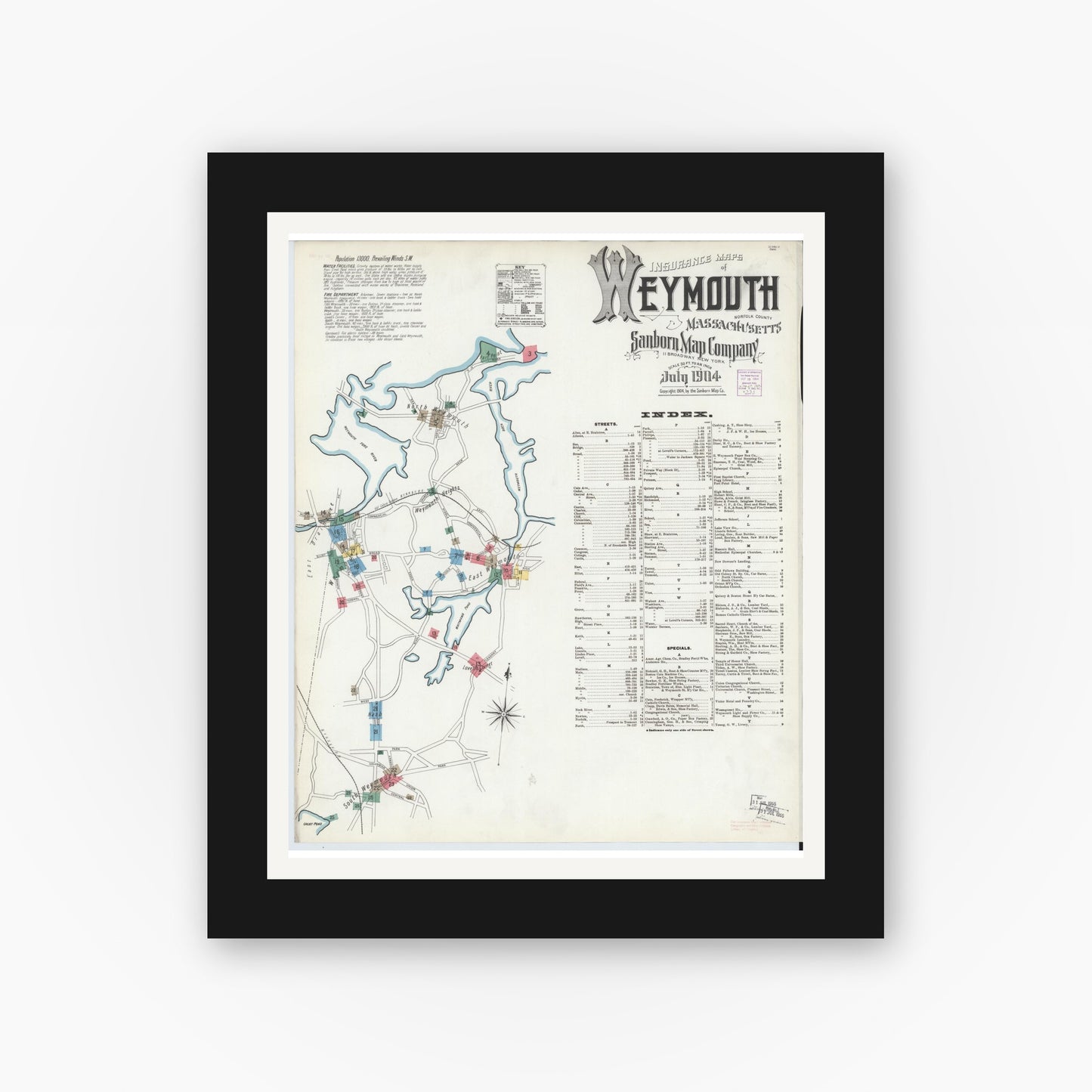 Old map wall art mockup — black gallery frame with white mat — Sanborn Fire Insurance Map from Weymouth, Norfolk County, Massachusetts (1904), Sheet #0001