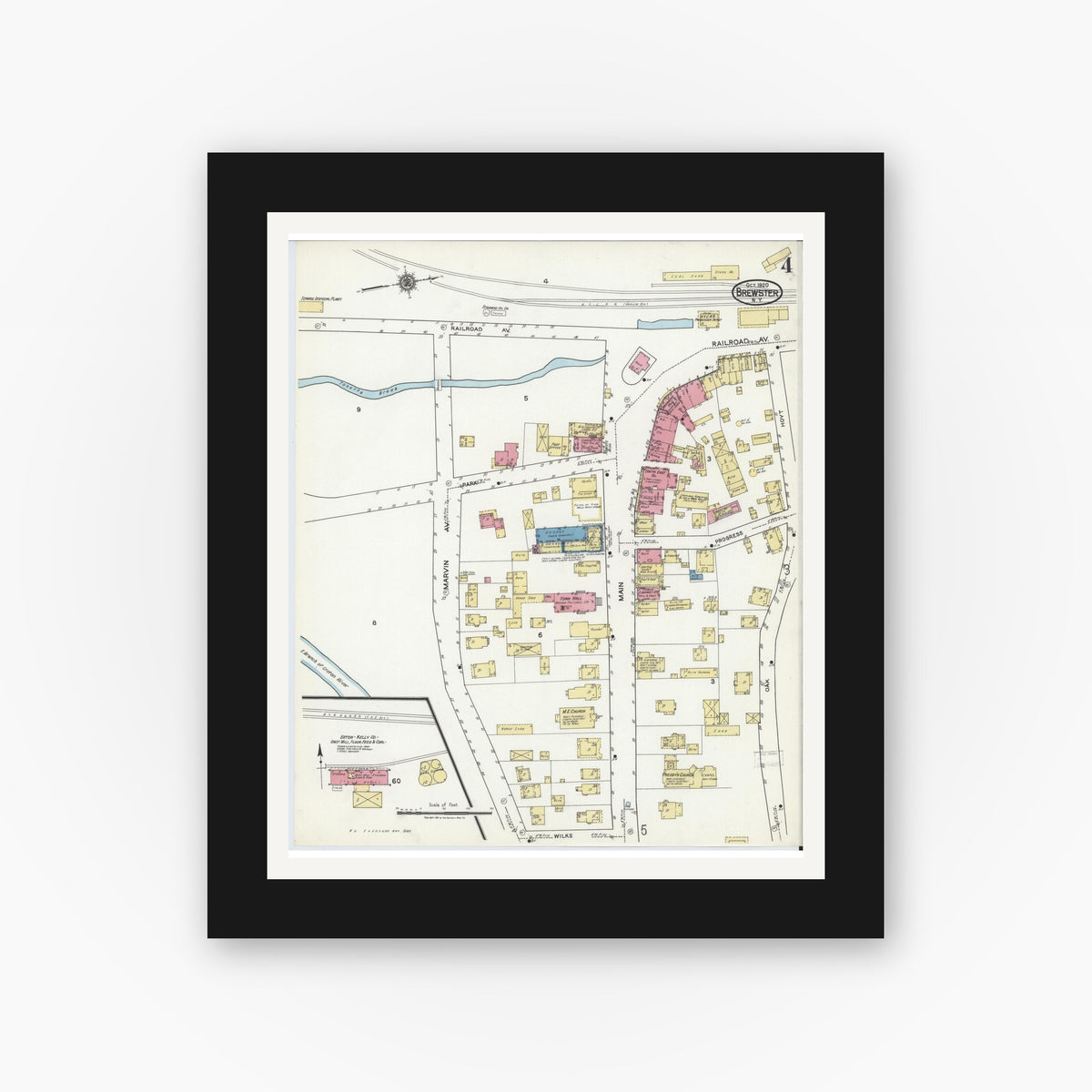 Old map wall art mockup — black gallery frame with white mat — Sanborn Fire Insurance Map from Brewster, Putnam County, New York (1920), Sheet #0004