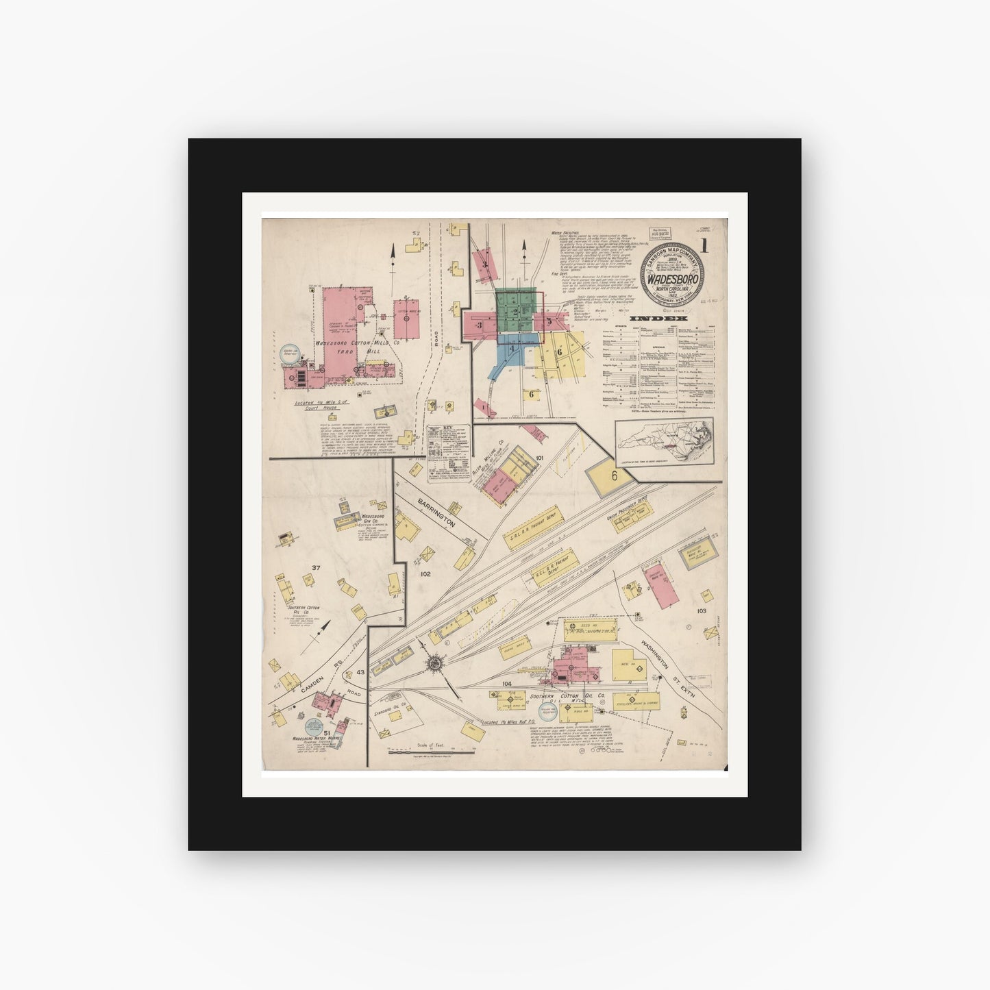 Old map wall art mockup — black gallery frame with white mat — Sanborn Fire Insurance Map from Wadesboro, Anson County, North Carolina (1922) - Complete Map Set