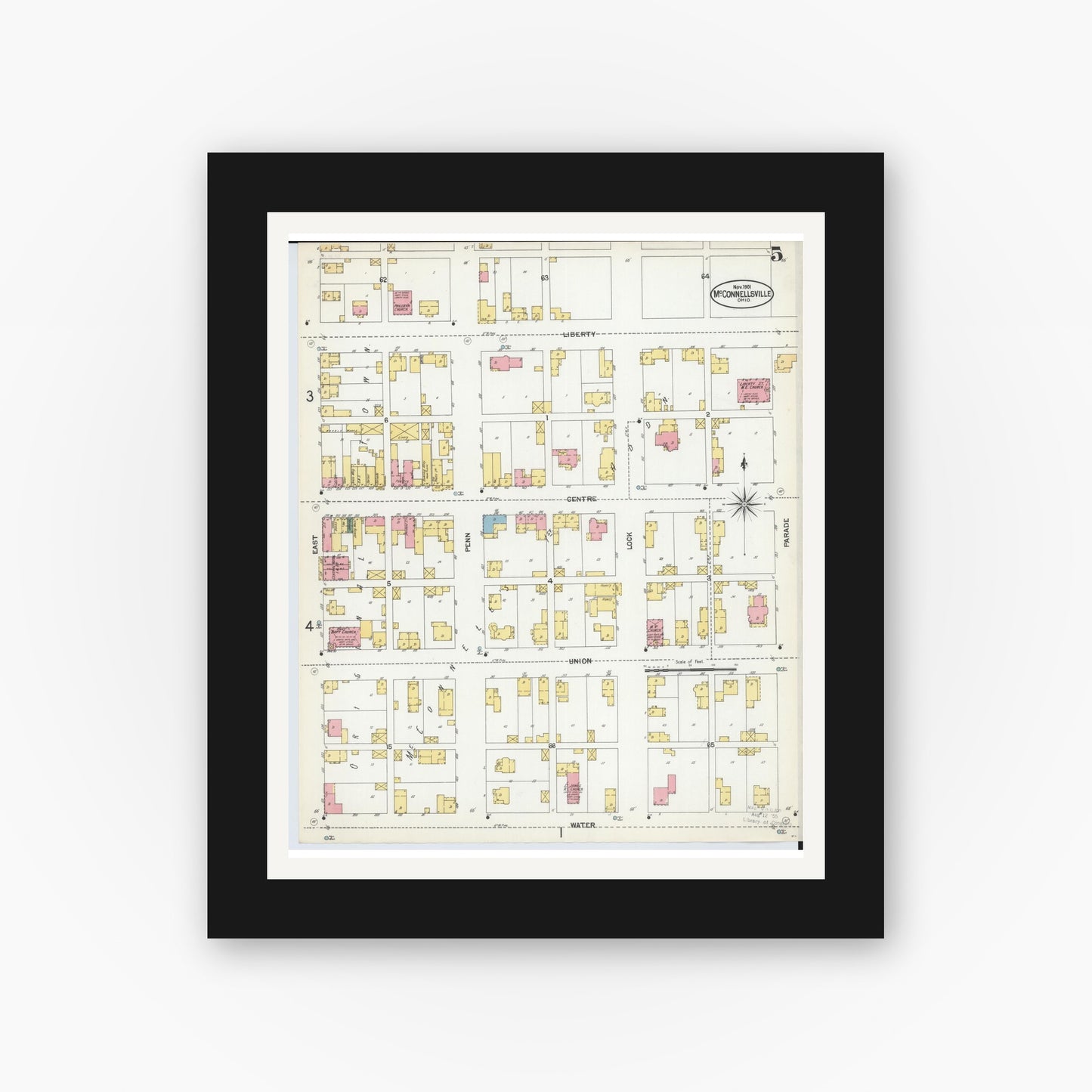 Old map wall art mockup — black gallery frame with white mat — Sanborn Fire Insurance Map from McConnelsville, Morgan County, Ohio (1901), Sheet #0005