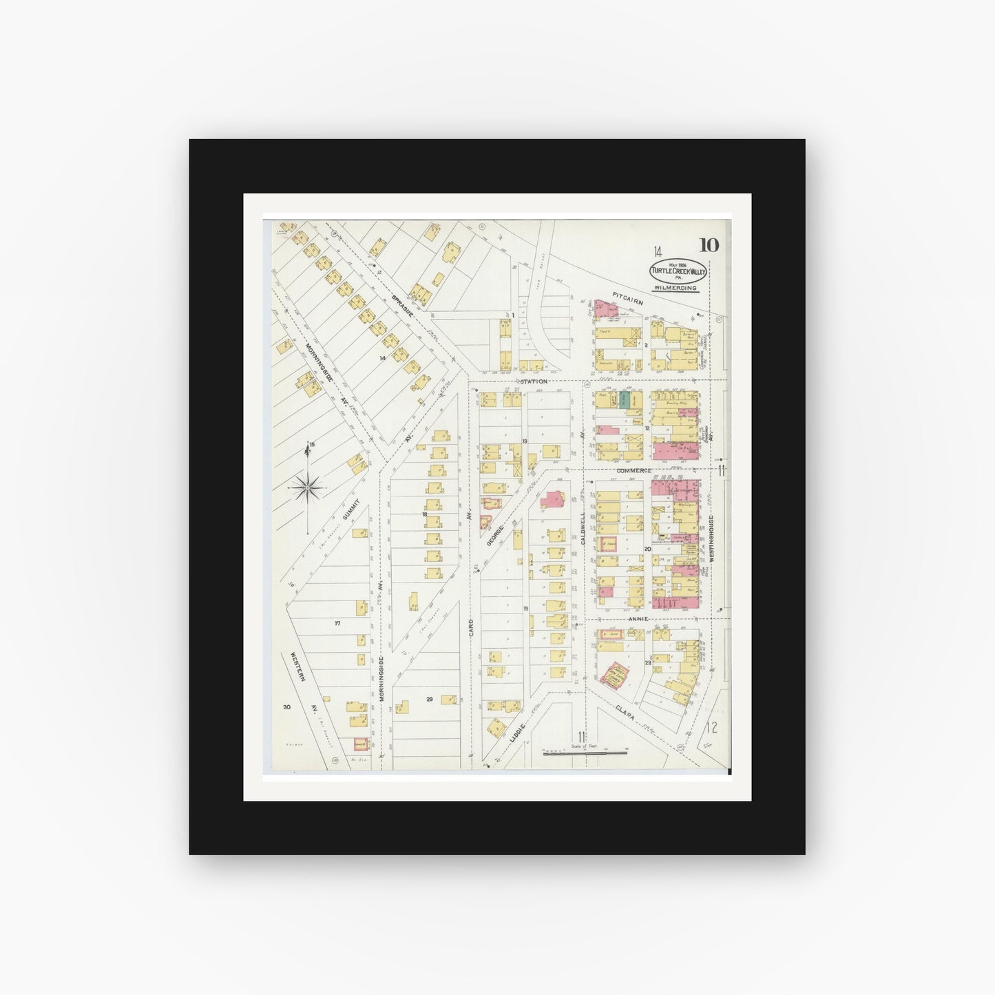 Old map wall art mockup — black gallery frame with white mat — Sanborn Fire Insurance Map from Turtle Creek Valley, Allegheny County, Pennsylvania (1906), Sheet #0010