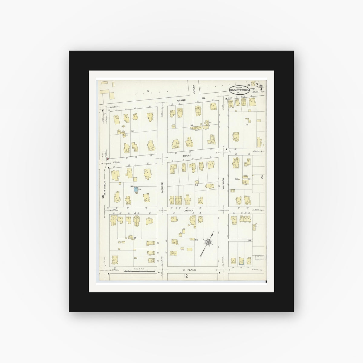 Old map wall art mockup — black gallery frame with white mat — Sanborn Fire Insurance Map from Hackettstown, Warren County, New Jersey (1914), Sheet #0007
