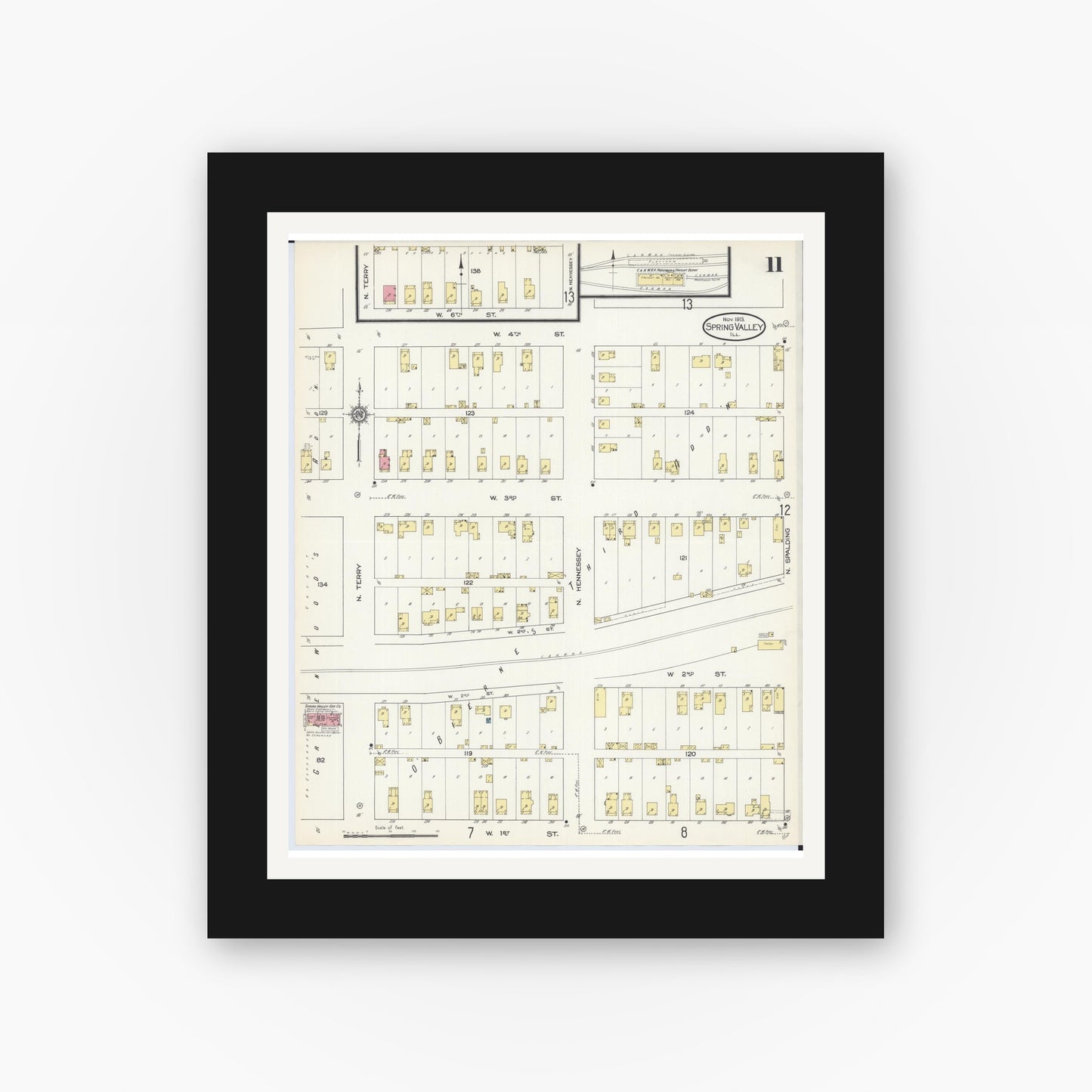 Old map wall art mockup — black gallery frame with white mat — Sanborn Fire Insurance Map from Spring Valley, Bureau County, Illinois (1913), Sheet #0011