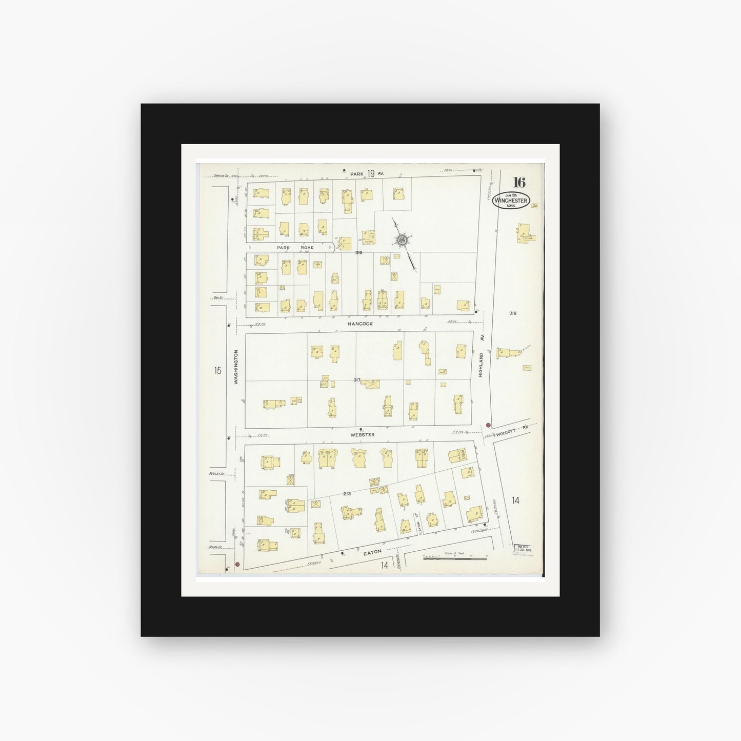 Old map wall art mockup — black gallery frame with white mat — Sanborn Fire Insurance Map from Winchester, Middlesex County, Massachusetts (1916), Sheet #0016
