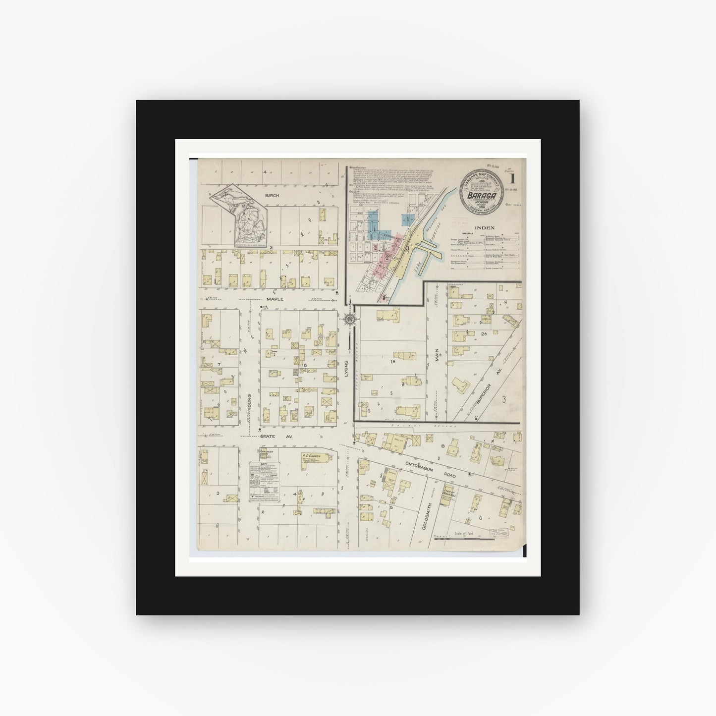 Old map wall art mockup β black gallery frame with white mat β Sanborn Fire Insurance Map from Baraga, Baraga County, Michigan (1914) - Complete Map Set