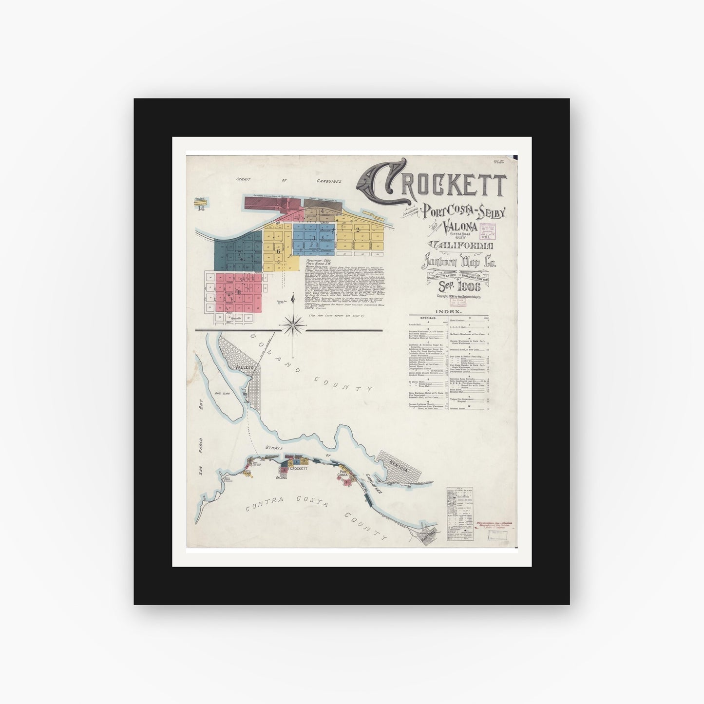 Old map wall art mockup — black gallery frame with white mat — Sanborn Fire Insurance Map from Crockett, Contra Costa County, California (1906), Sheet #0001